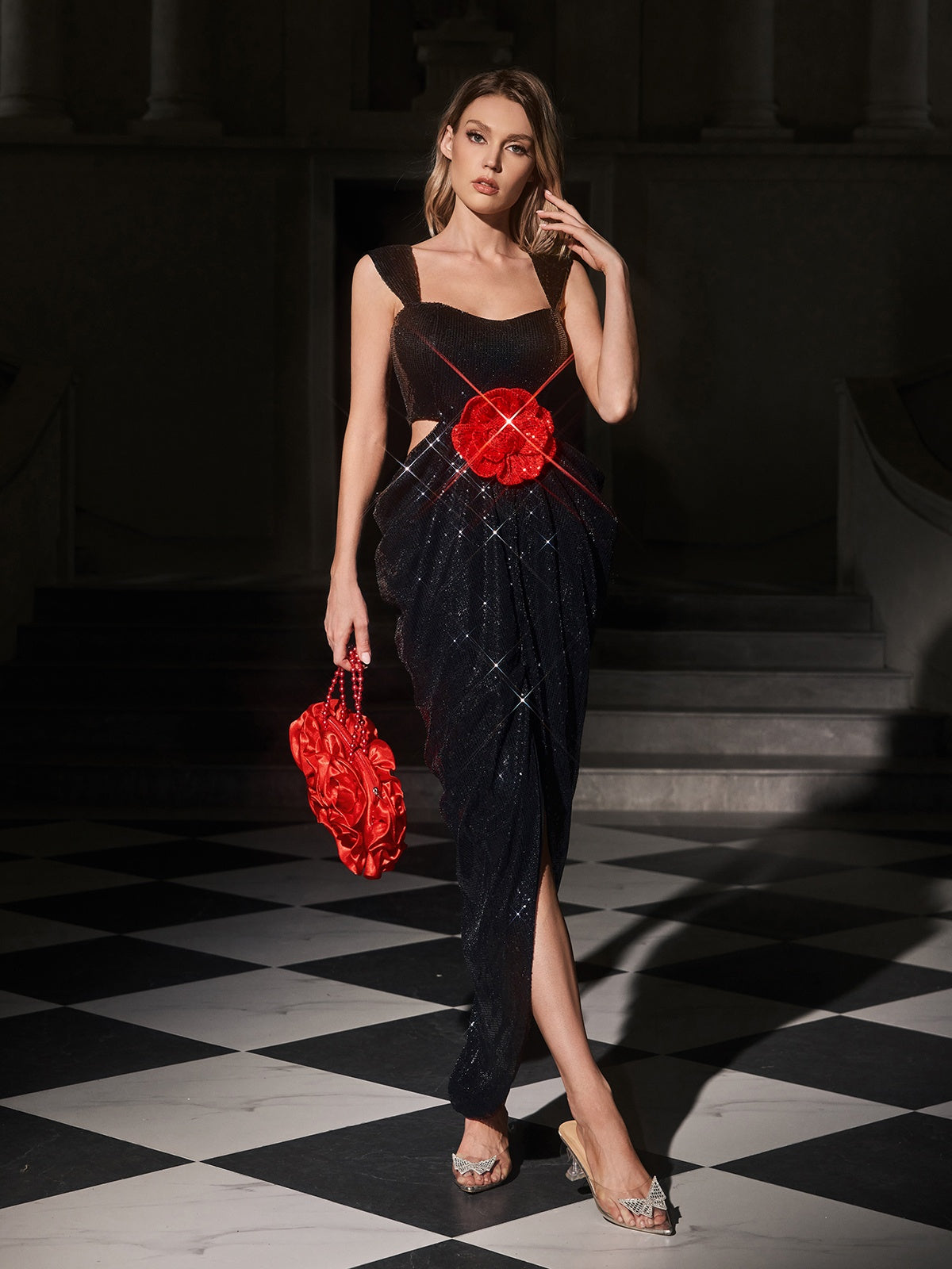 Sequin Square Neck Cut Out Flower Applique High Split Maxi Dress - View 3
