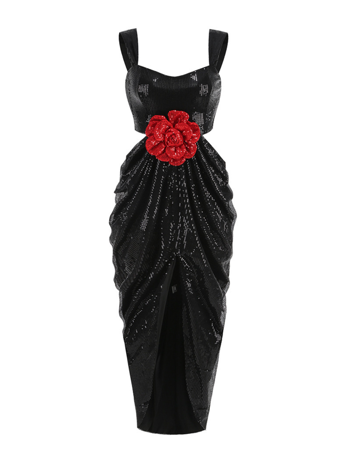 Sequin Square Neck Cut Out Flower Applique High Split Maxi Dress - View 7