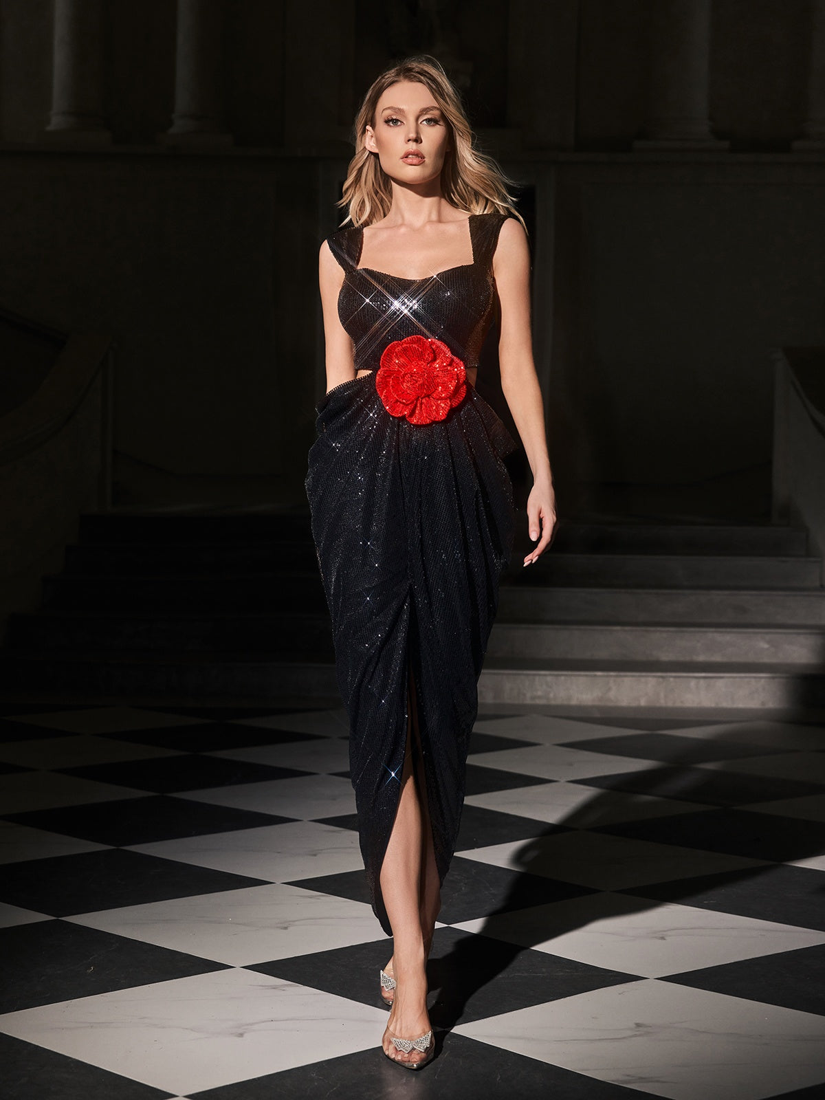 Sequin Square Neck Cut Out Flower Applique High Split Maxi Dress