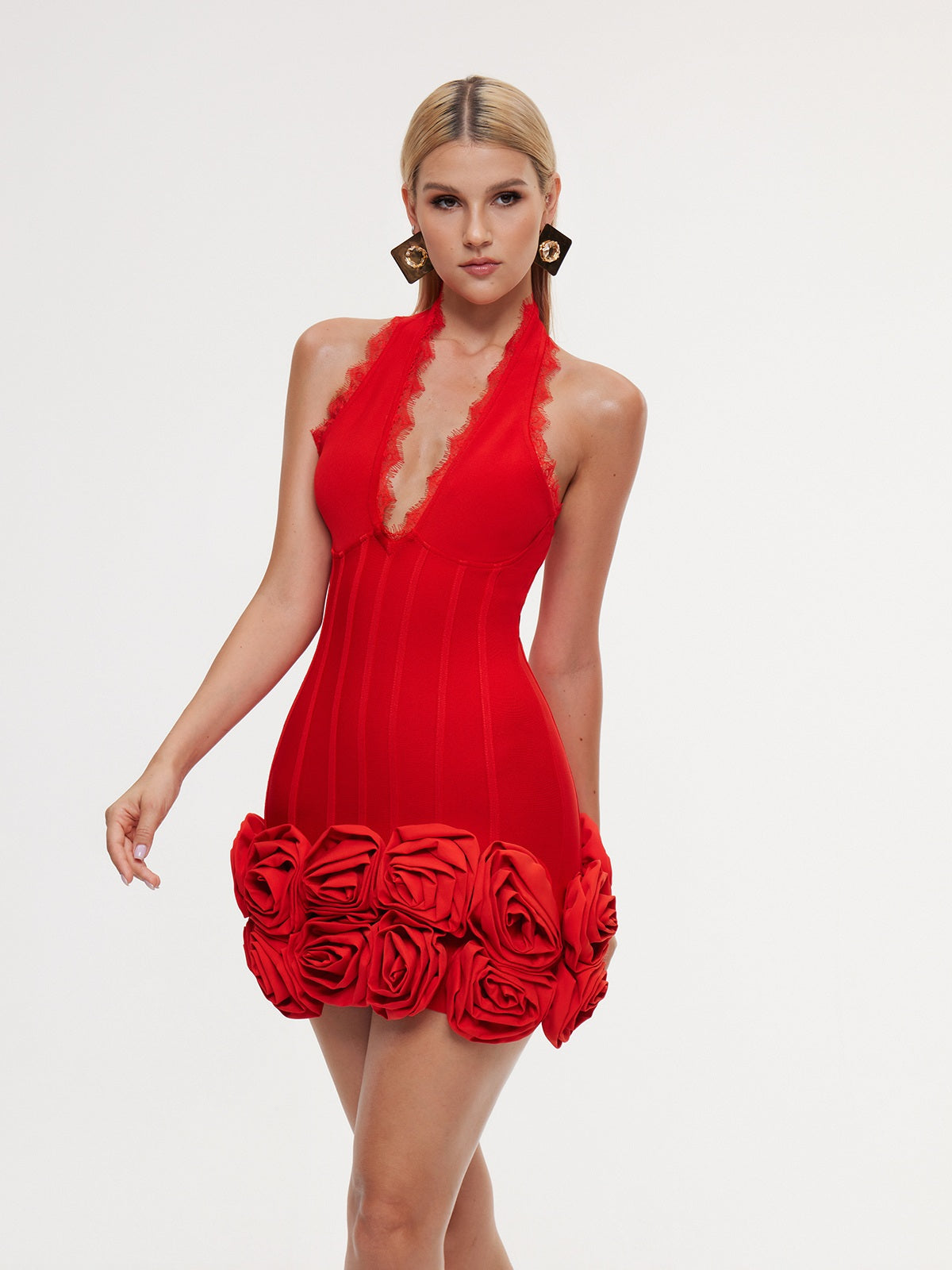 Bandage Halter Deep V-Neck Lace Trim Rosette Hem Mini Dress - View 4