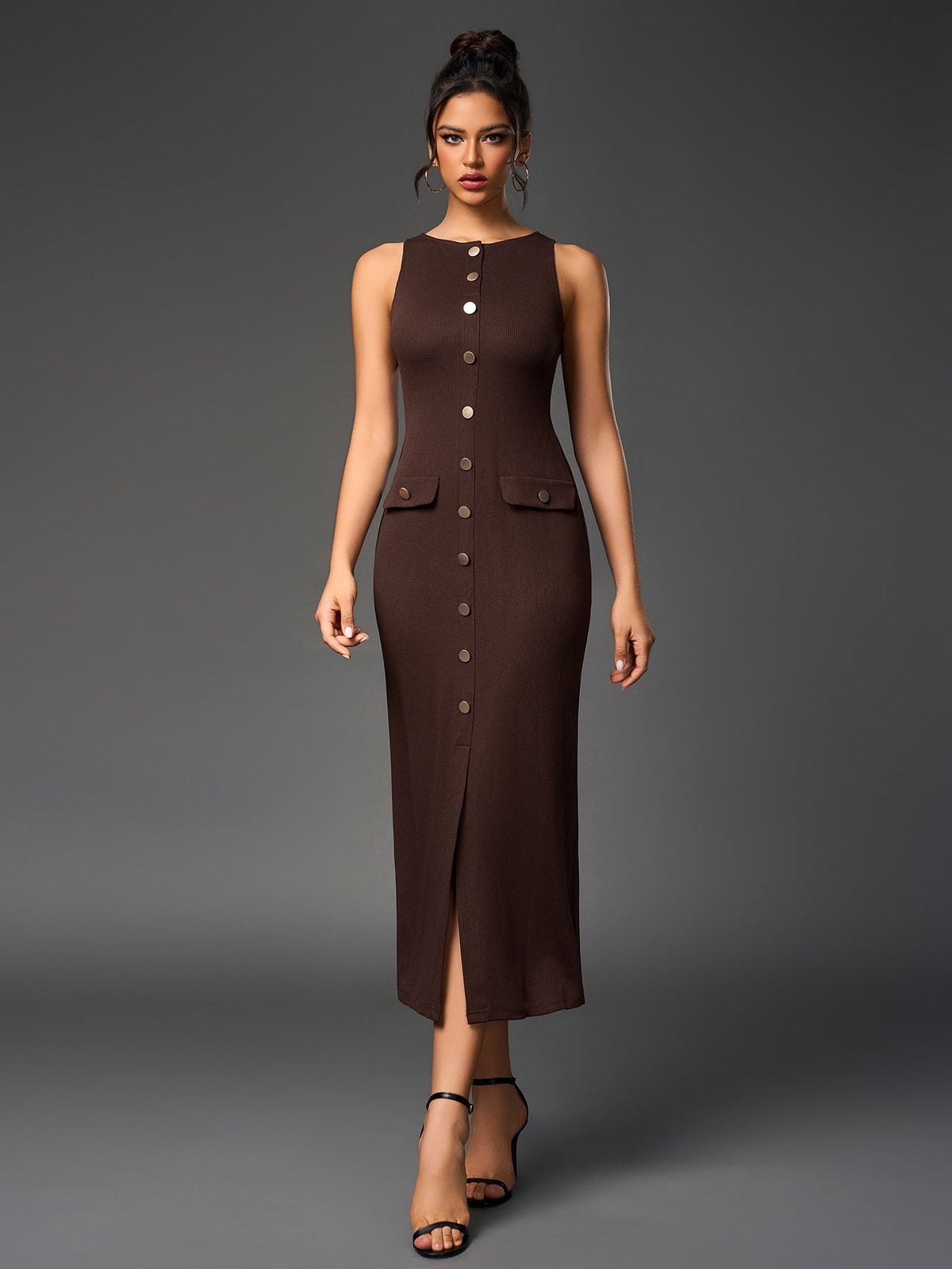 Ribbed Knit Sleeveless Button Front Split Bodycon Maxi Dress - View 9