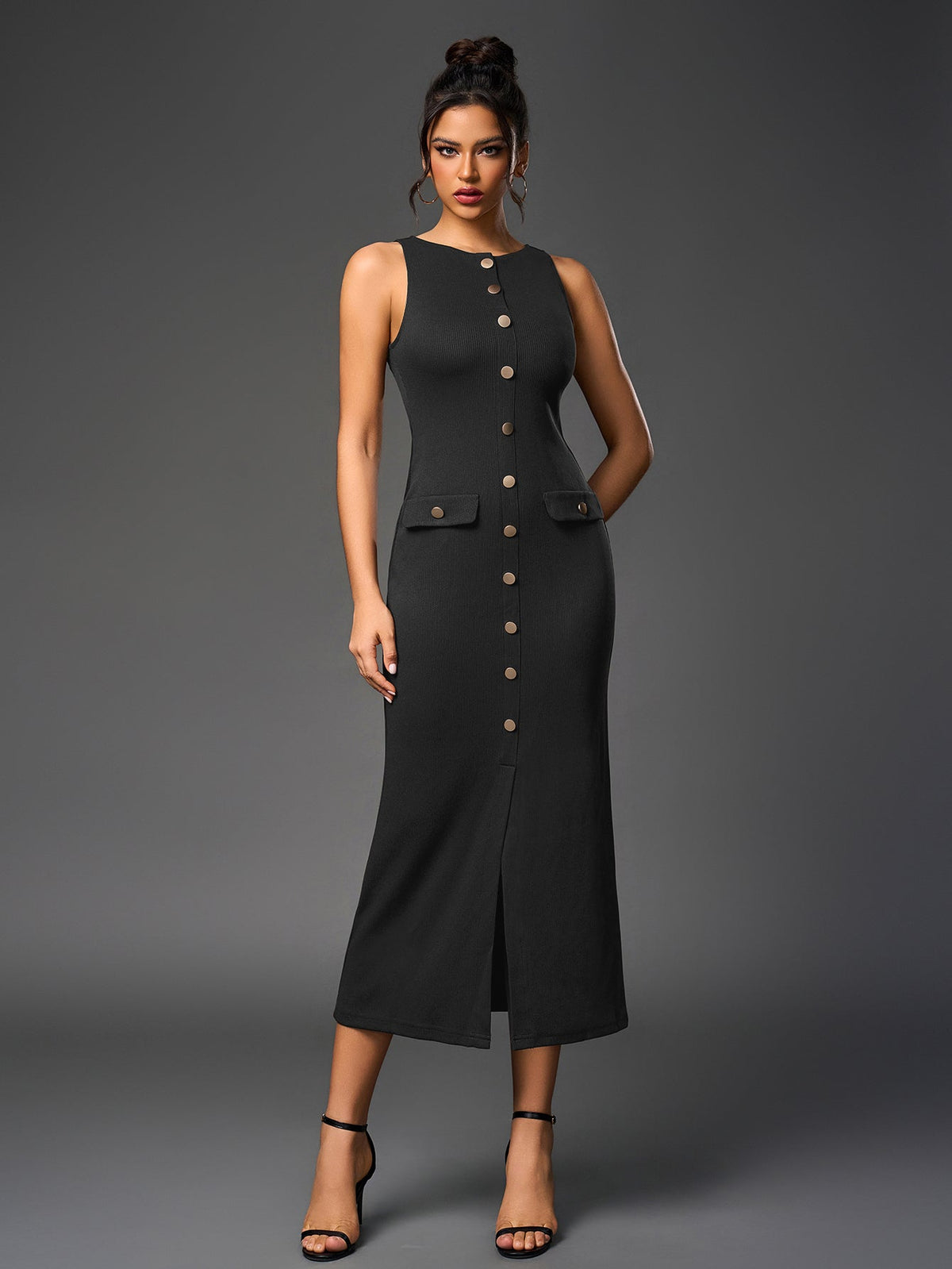 Ribbed Knit Sleeveless Button Front Split Bodycon Maxi Dress - View 18