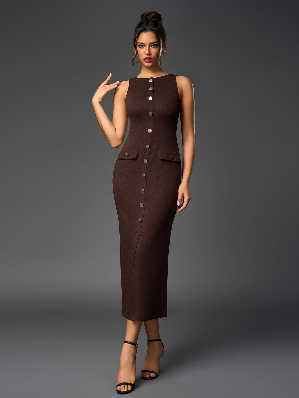 Ribbed Knit Sleeveless Button Front Split Bodycon Maxi Dress - View 7