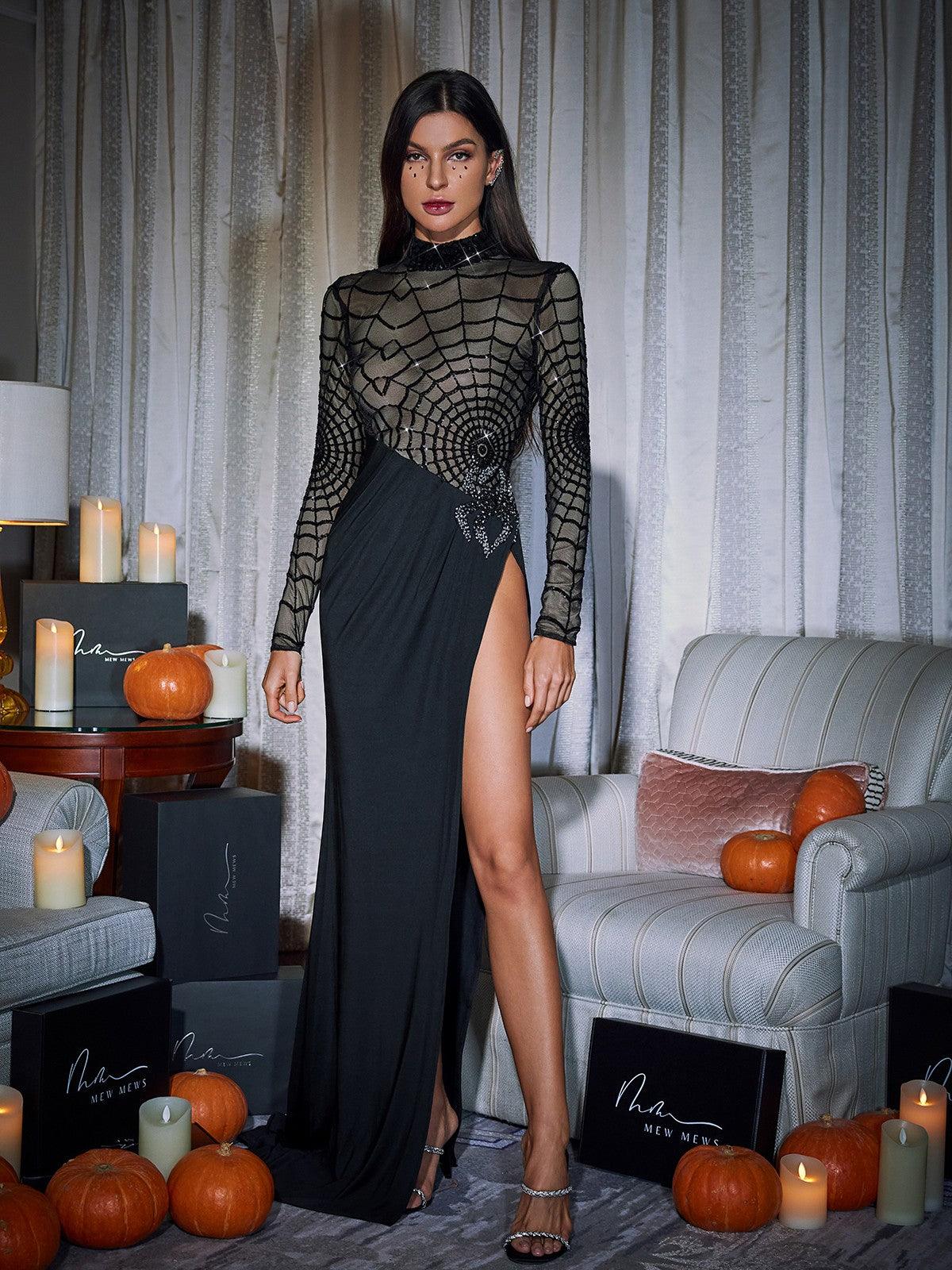Cobweb Mesh High Neck Batwing Sleeve High Split Maxi Dress - View 4