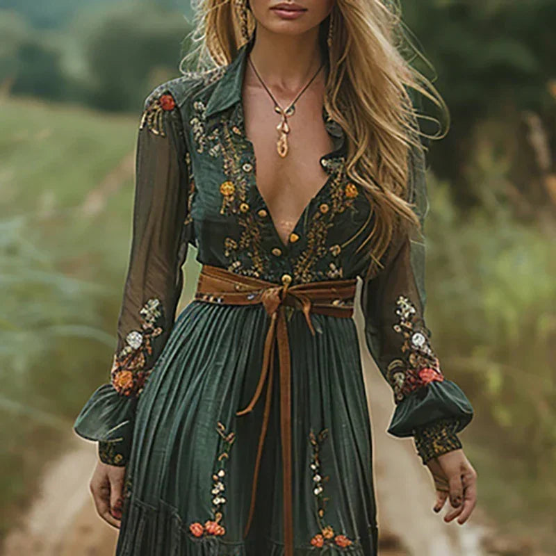 Embroidered Deep V-Neck Puff Sleeve Belted Boho Maxi Dress 8