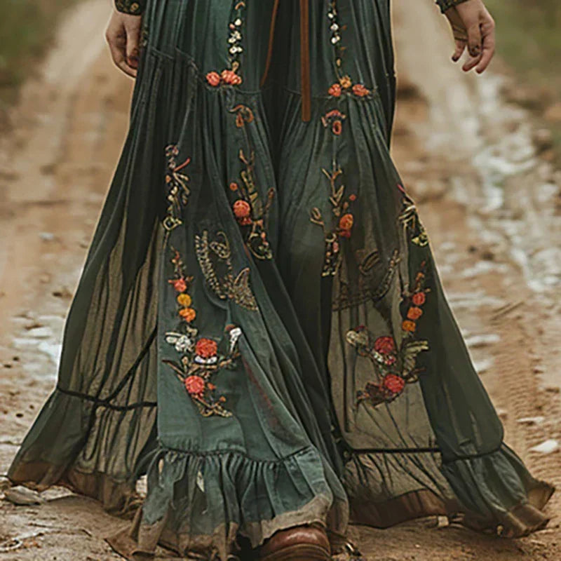 Embroidered Deep V-Neck Puff Sleeve Belted Boho Maxi Dress 9