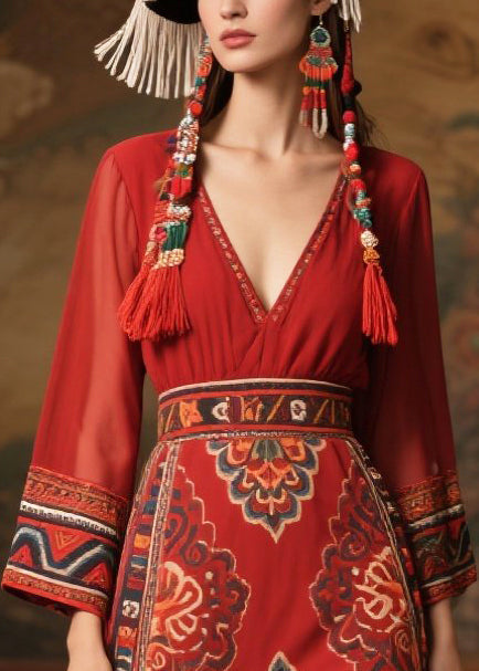 Chiffon Deep V-Neck Long Sleeve Medallion Print Belted Maxi Dress - View 2