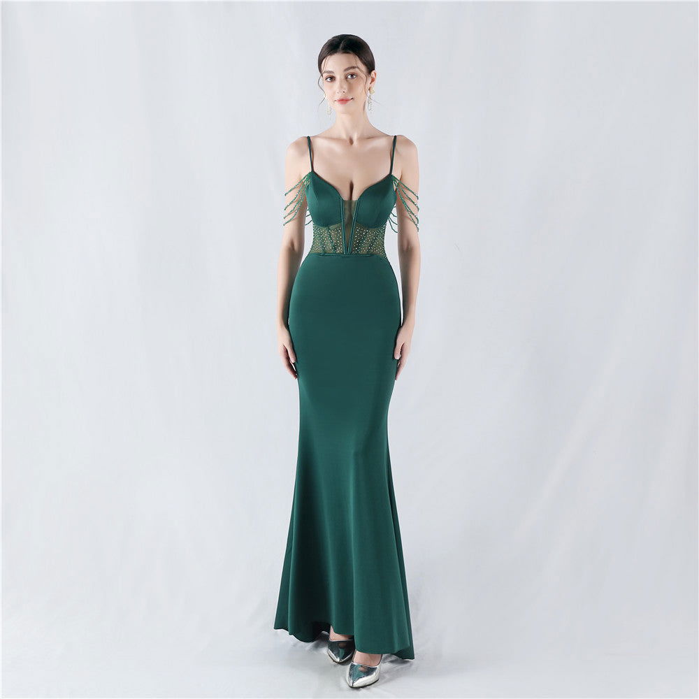 Beaded Sweetheart Corset Spaghetti Strap Mermaid Gown - View 7