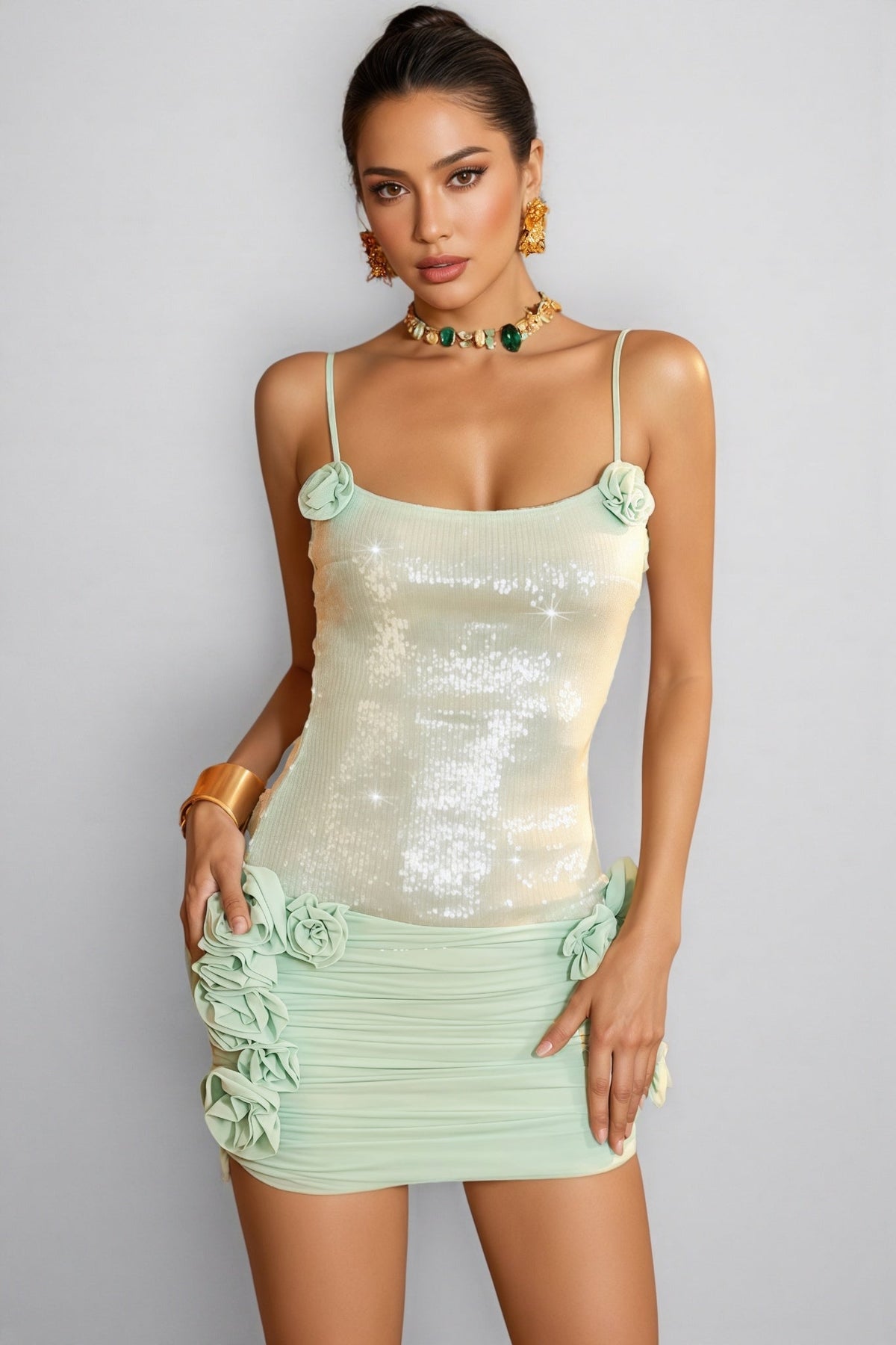 Sequin Spaghetti Strap 3D Floral Ruched Bodycon Mini Dress - View 2