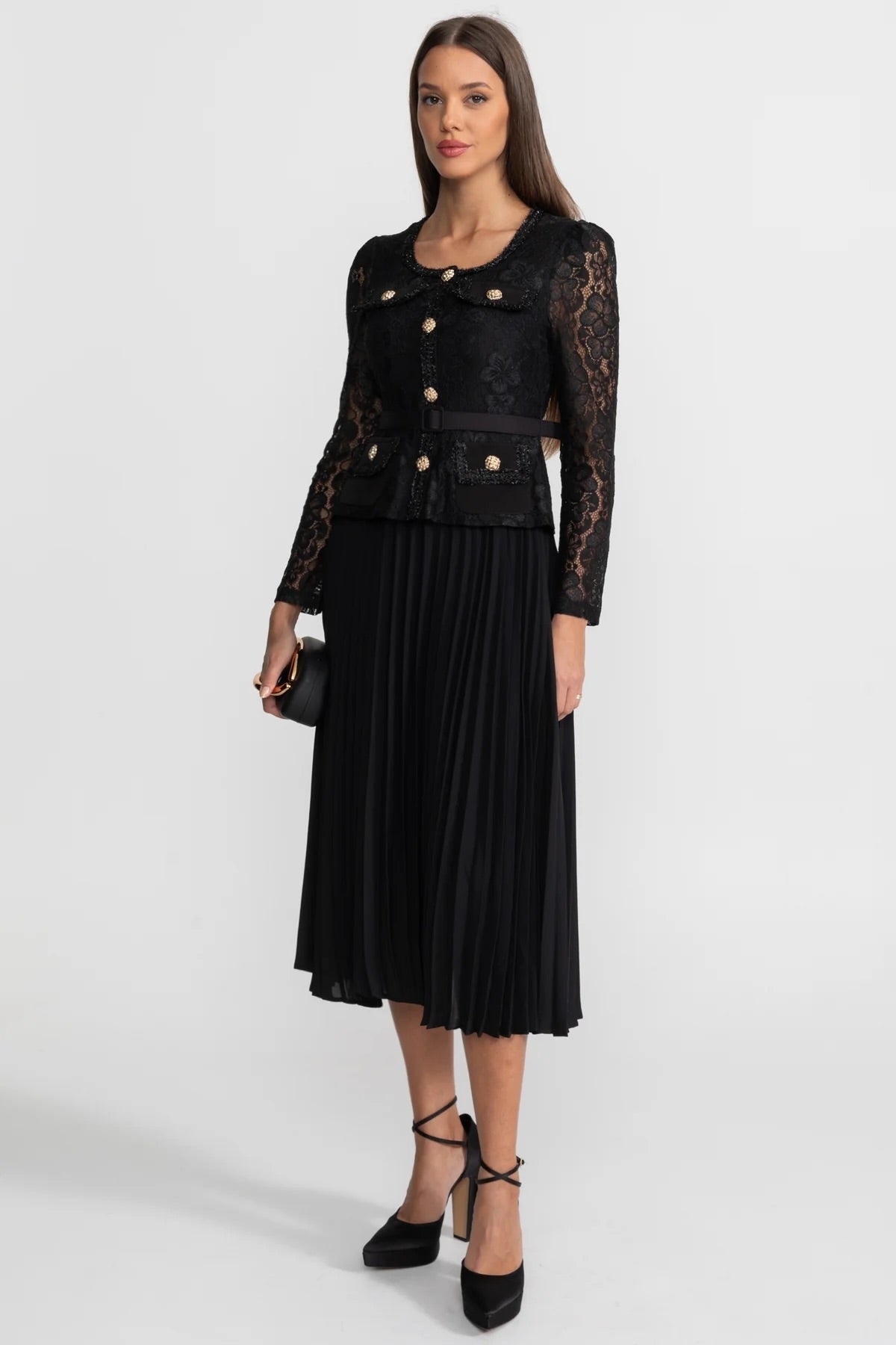 Lace and Pleated Midi Dress with Gold Button Detailing - Black - View 2
