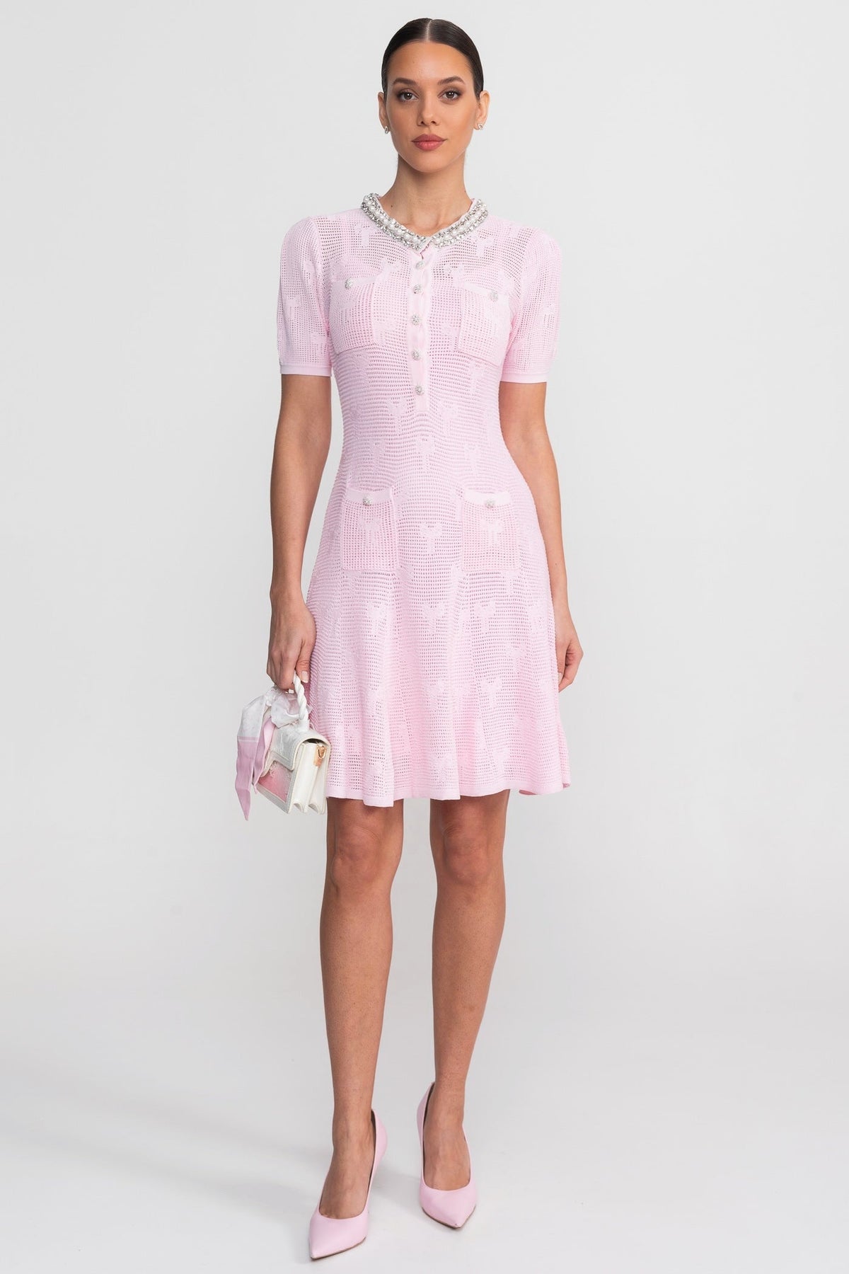 Pointelle Knit Pearl Trim Collar Short Sleeve Mini Dress - View 4