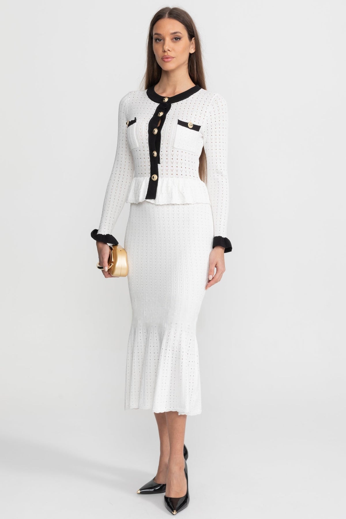 Pointelle Knit Midi Co-Ord with Contrast Trim – White - View 2
