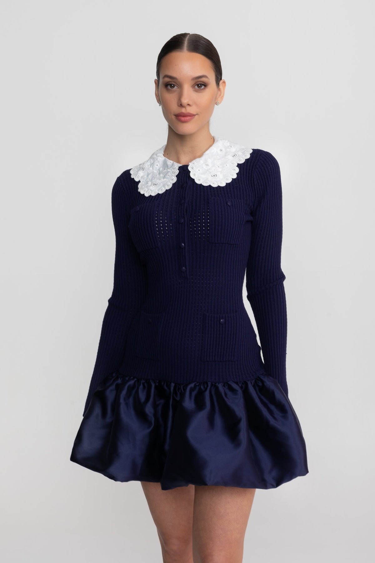Knit Long Sleeve Mini Dress With Broderie Collar - Navy - View 3