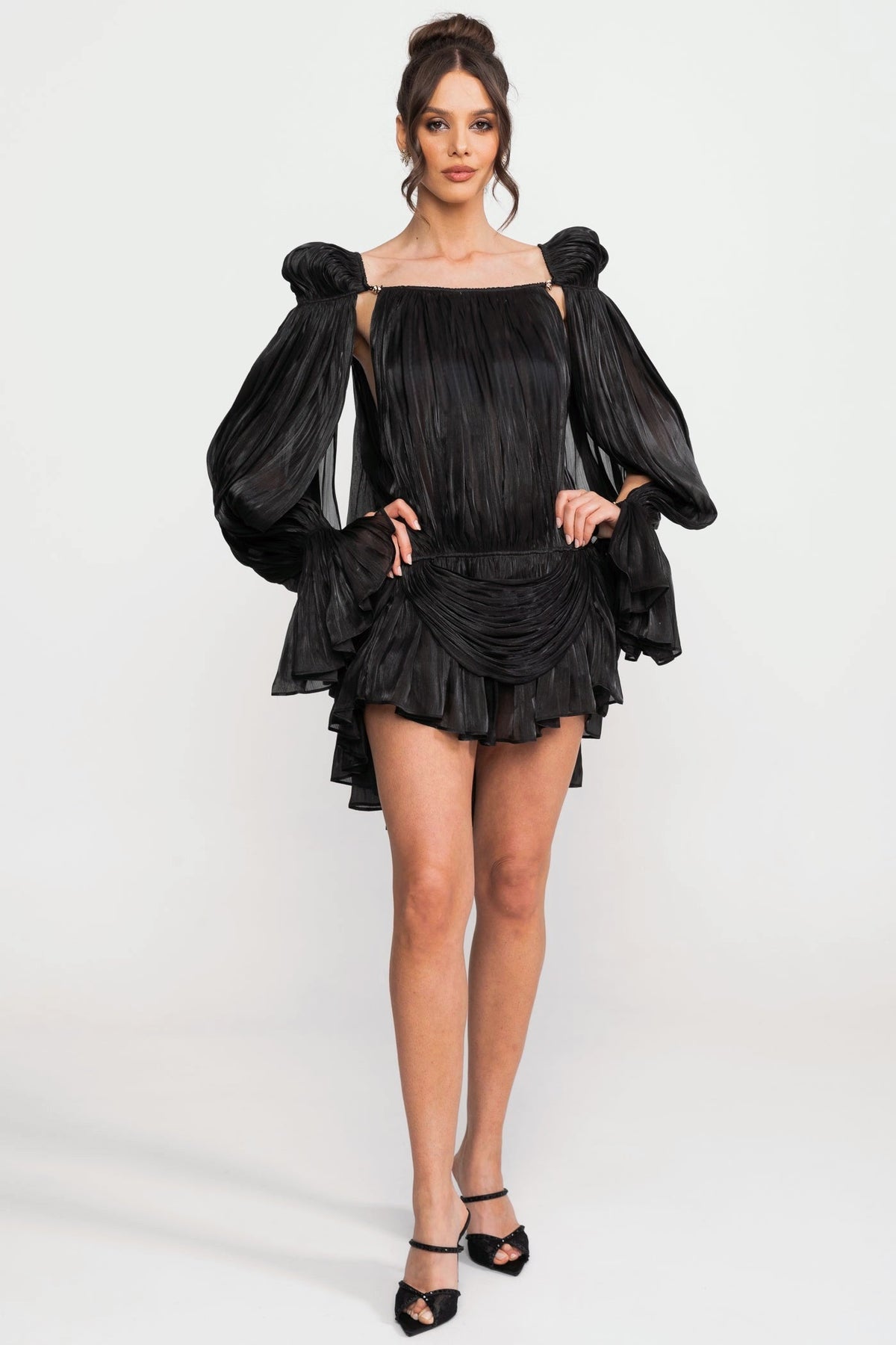 Pleated Puff Sleeve Ruffle Tier Cape Back Mini Dress