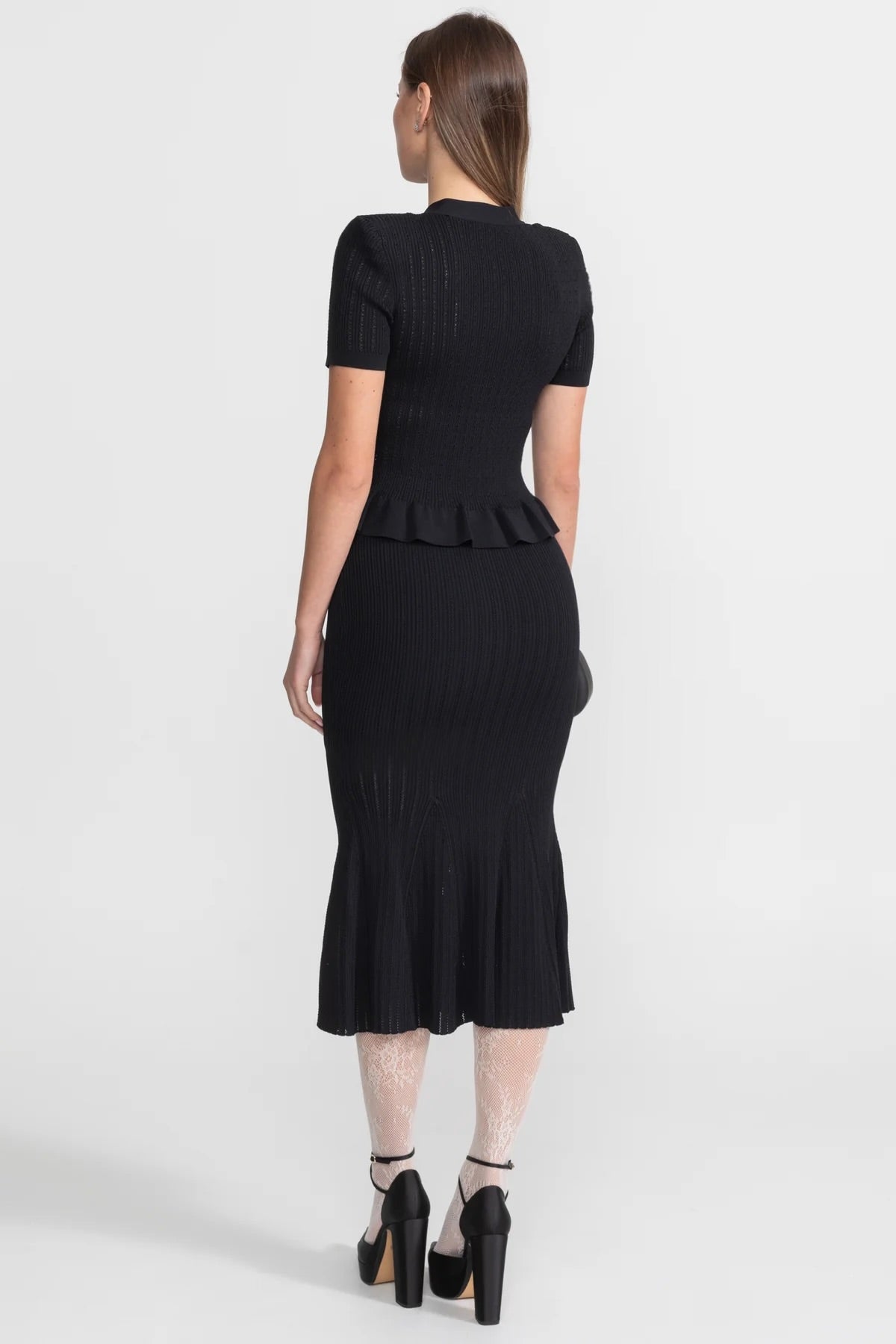 Knit Midi Co-Ord with Peplum Waist and Gold Buttons  – Black - View 3