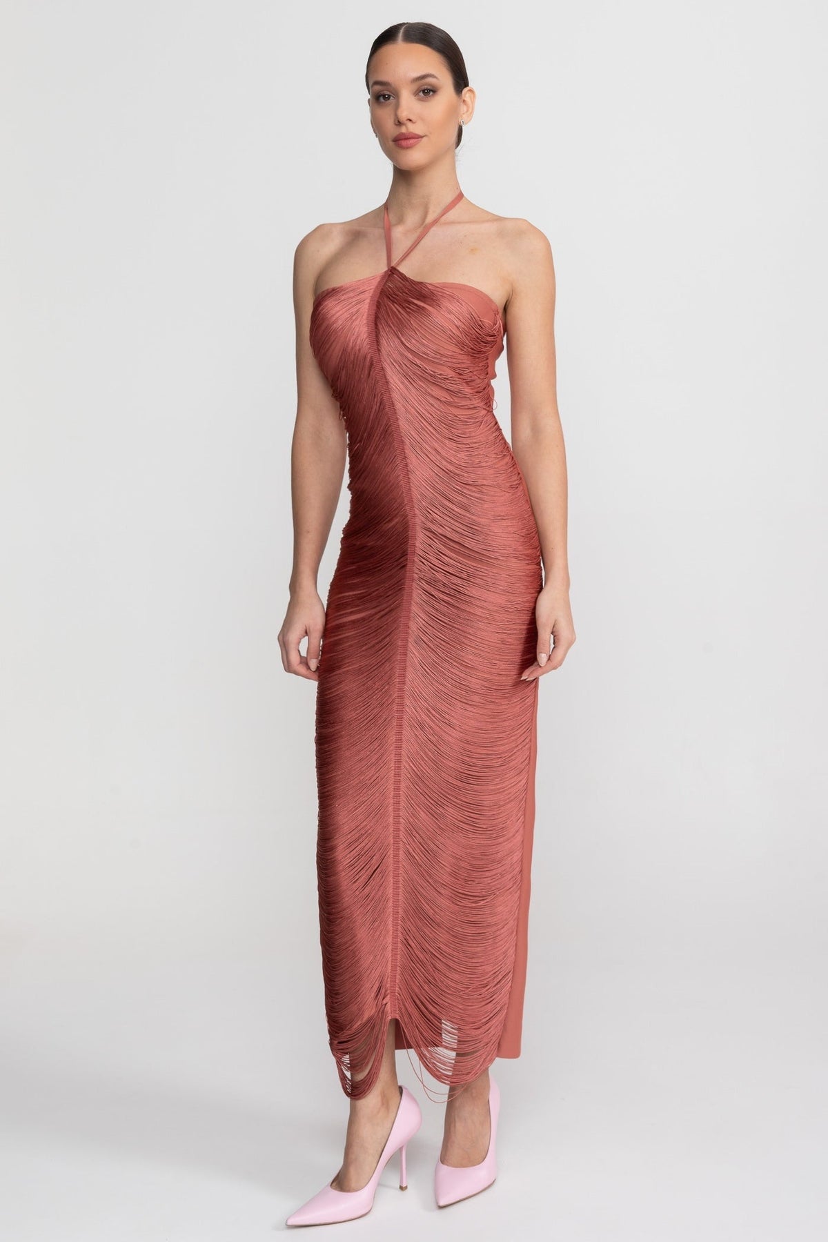 Halter Neck Midi Dress With All-Over Pleated Texture - Light Brown - View 3