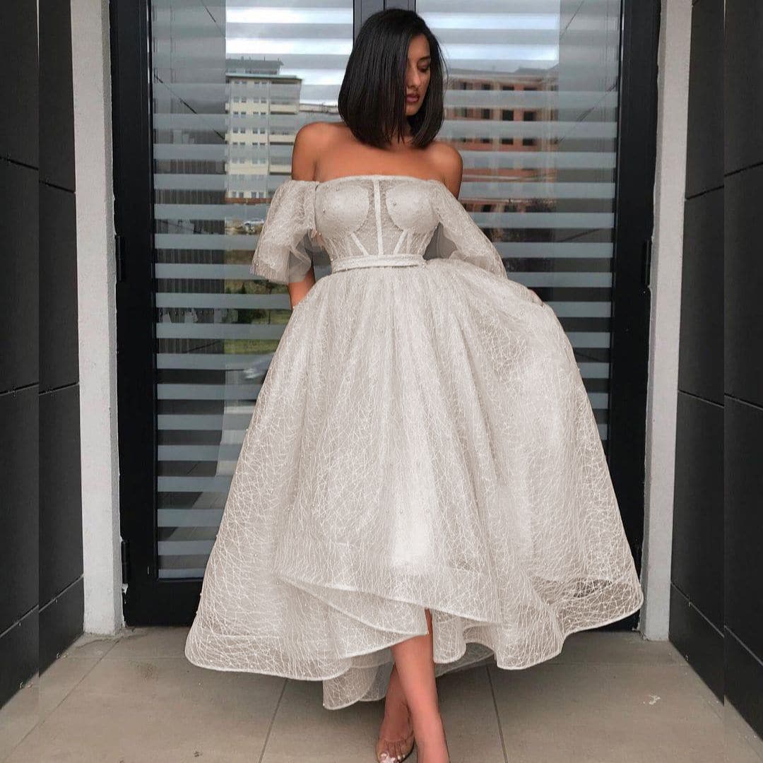 Mesh Off Shoulder Puff Sleeve Corset High Low Tea Length Prom Gown - View 6