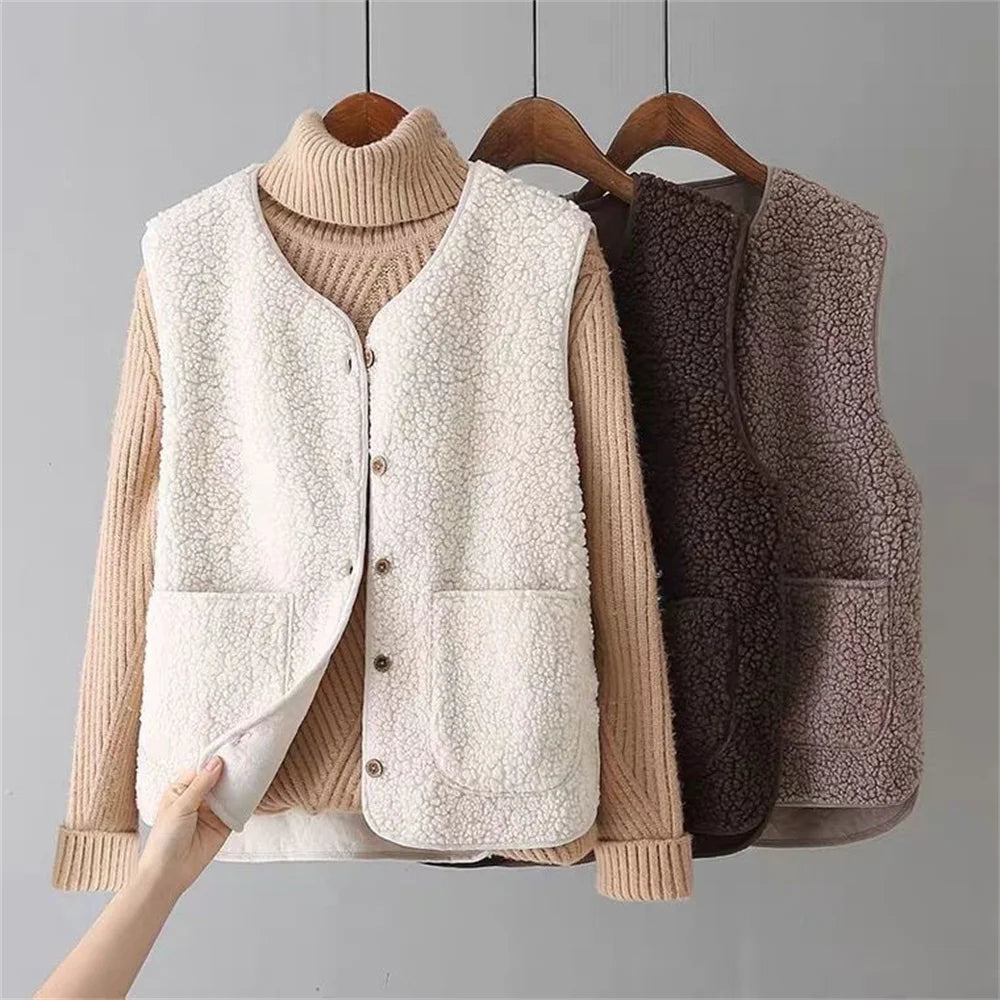 Sherpa Fleece V-Neck Button Front Pocket Vest