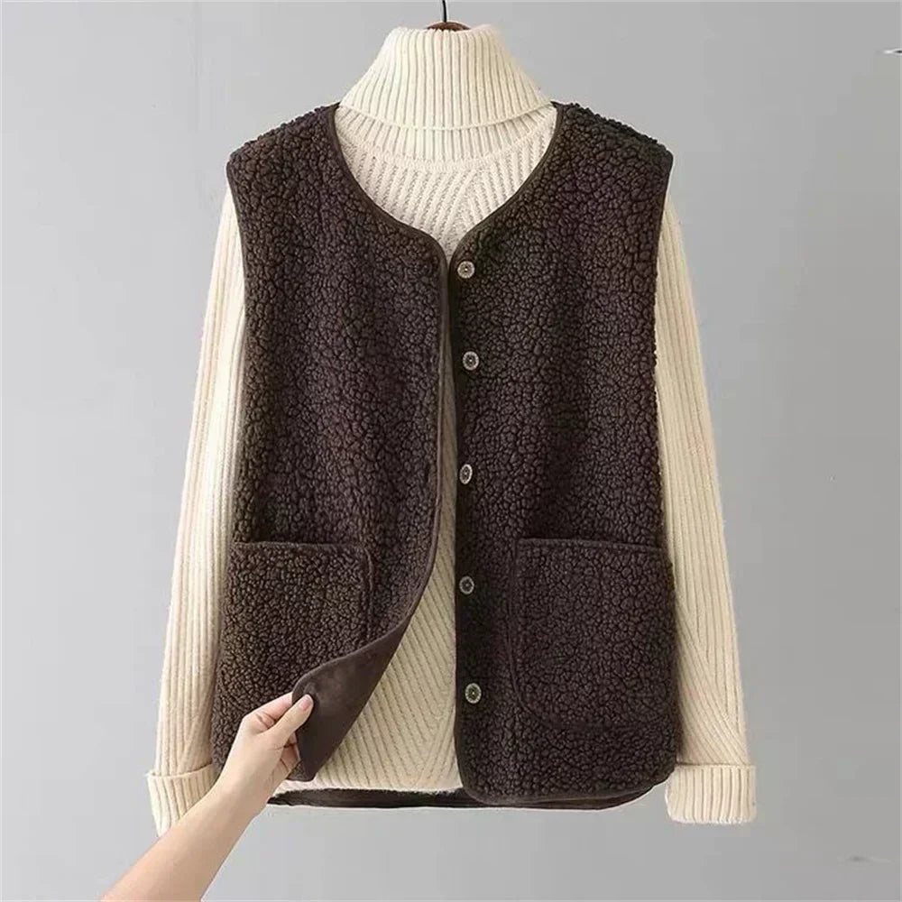 Faux Shearling V-Neck Button Front Pocket Vest 2
