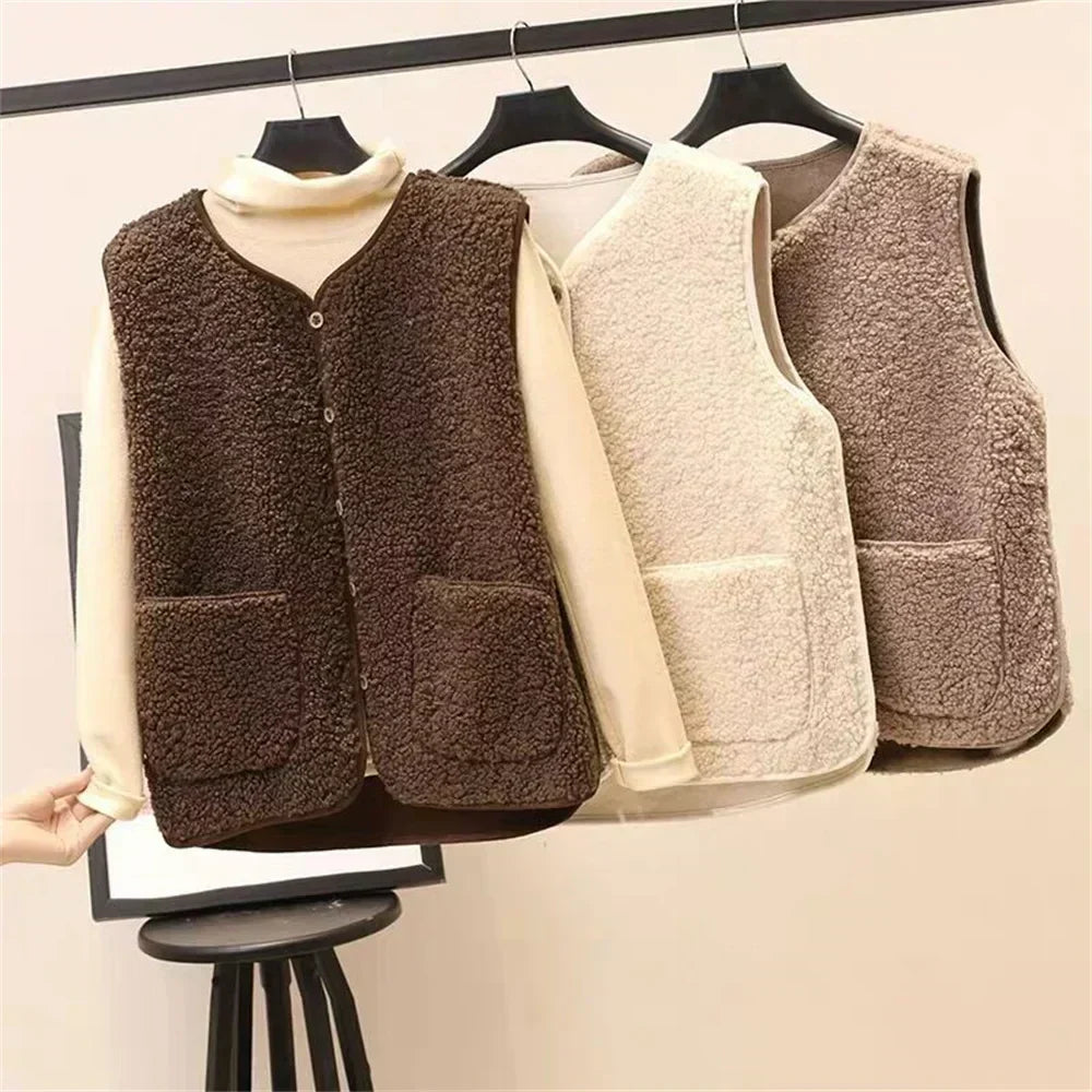 Sherpa Fleece V-Neck Button Front Pocket Vest 5