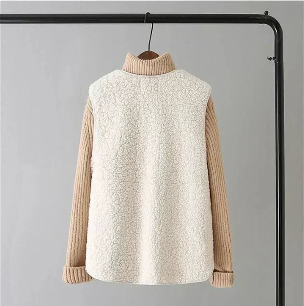 Faux Shearling V-Neck Button Front Pocket Vest 5