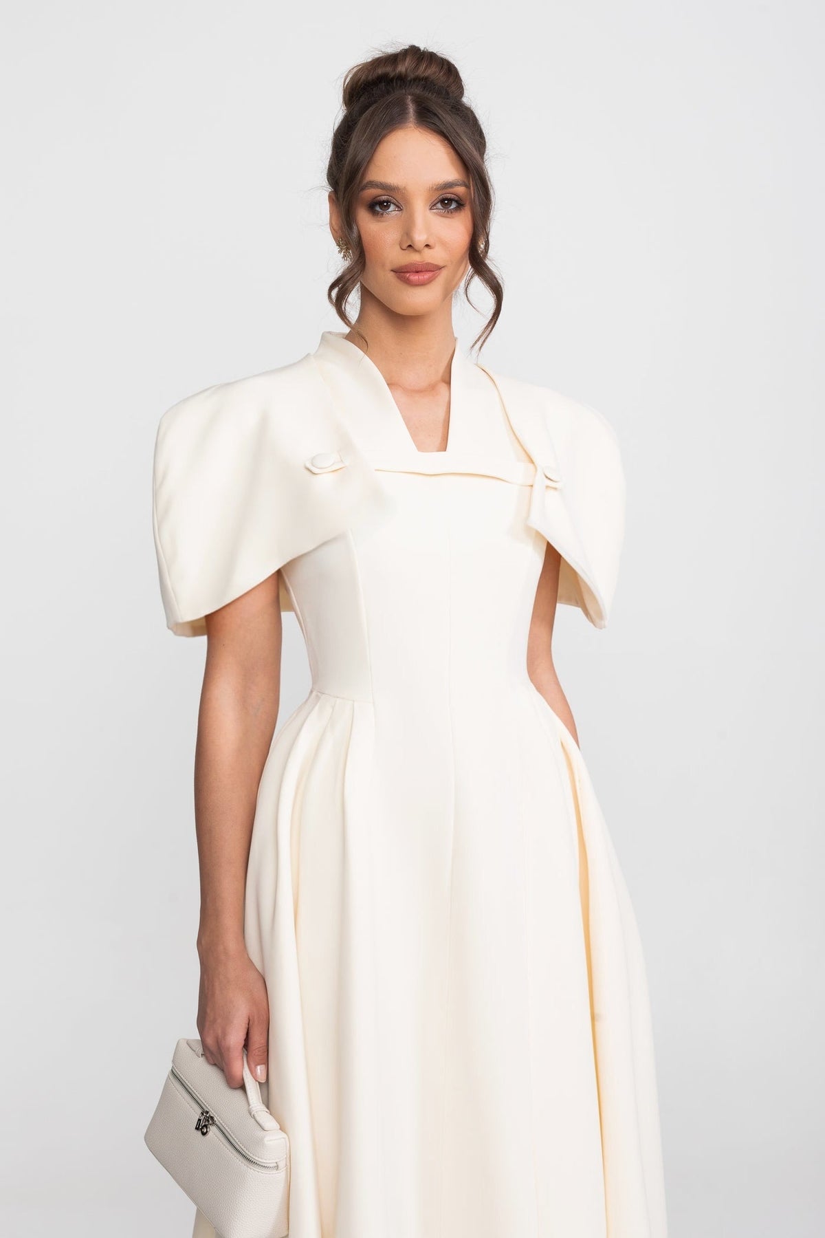 A-Line Midi Dress With Structured Cape Shoulders - Cream - View 4