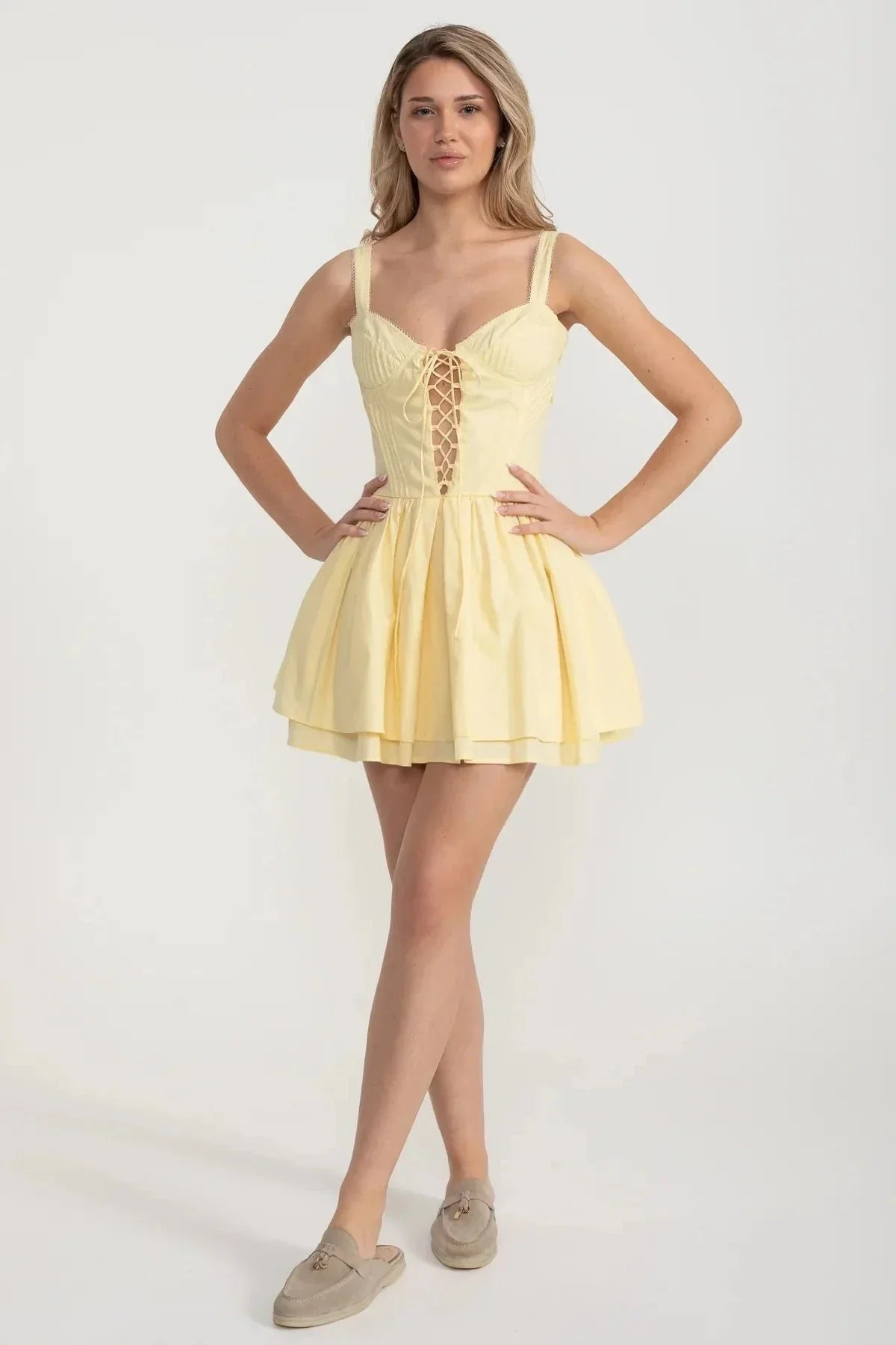 Corset Style Sleeveless Dress With Lace-Up Front Detailing - Yellow - View 3