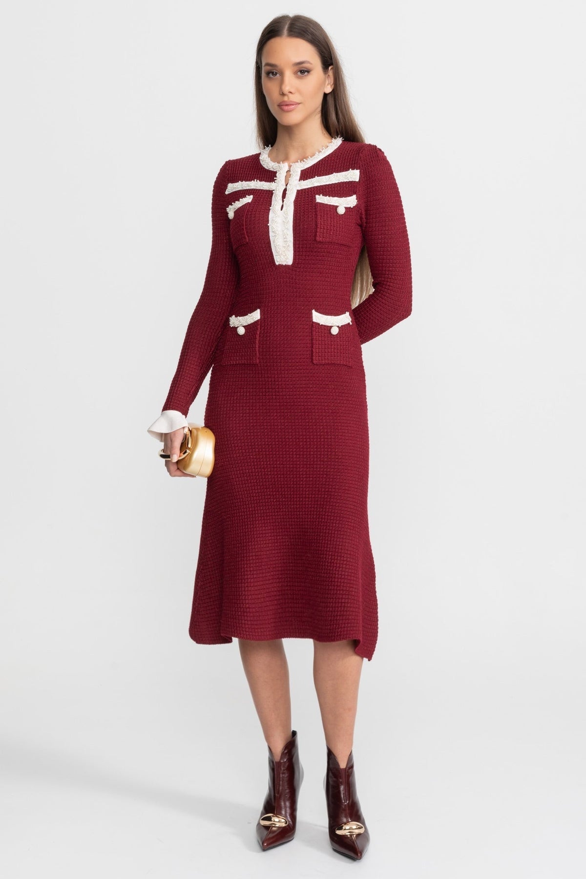 Knit Contrast Trim Ruffle Cuff Patch Pocket Long Sleeve Midi Dress - View 2