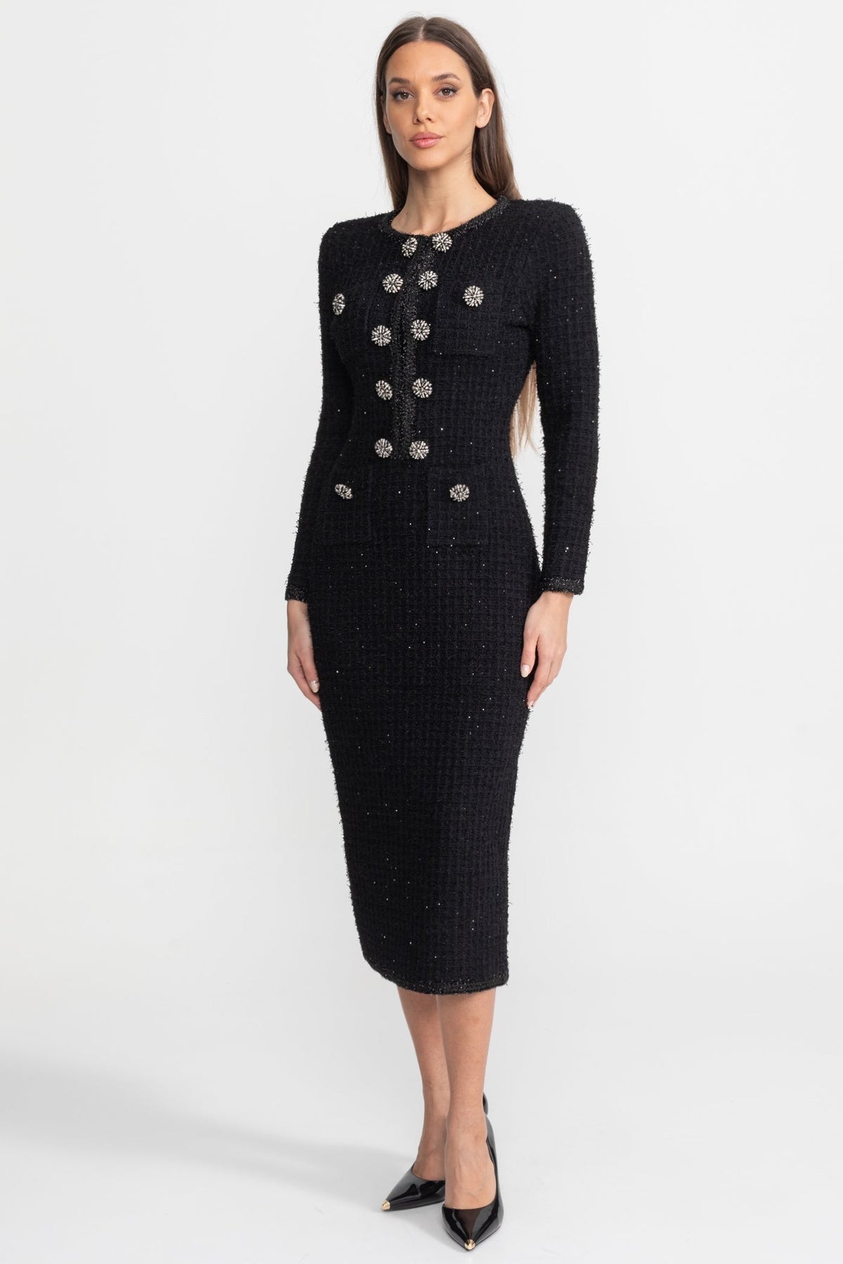 Sequin Tweed Long Sleeve Rhinestone Flower Sheath Midi Dress - View 3