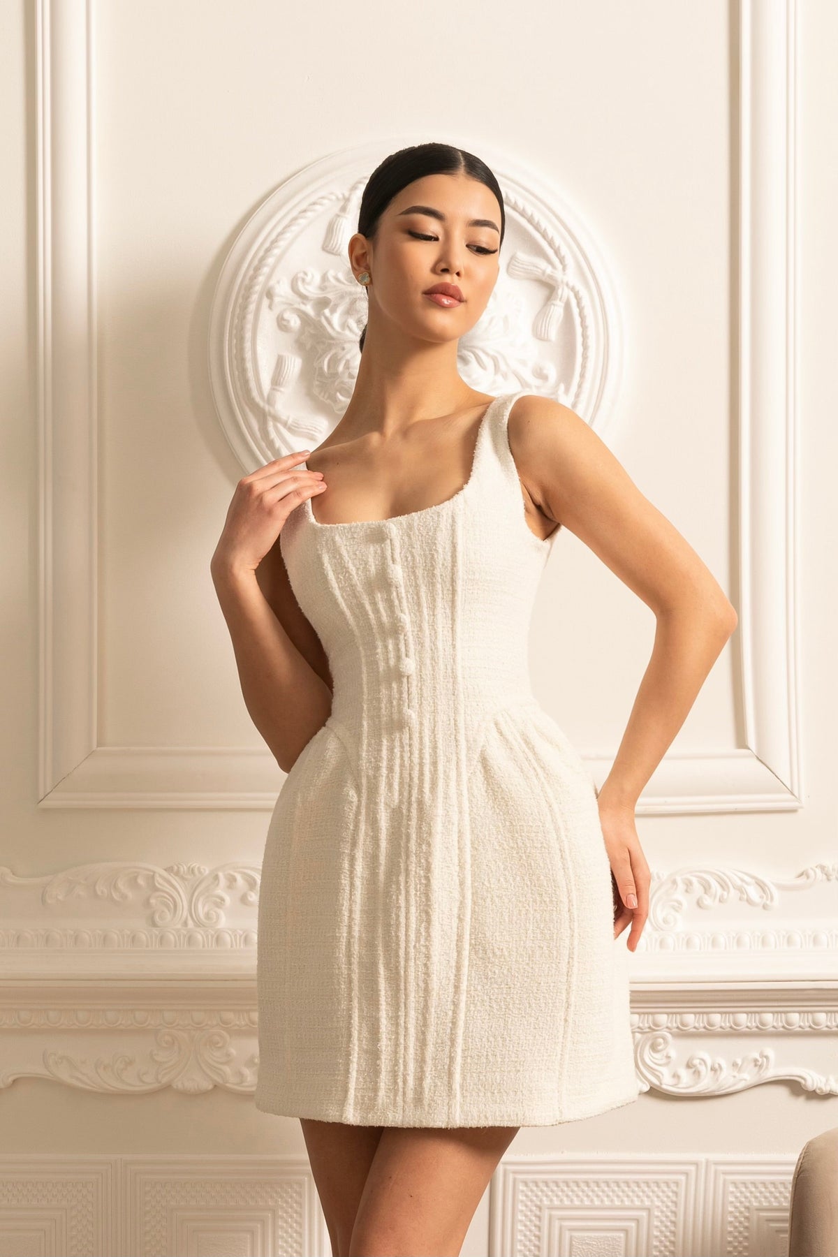 Square Neck Corset Seam Button Front Wide Strap Boucle Mini Dress - View 2
