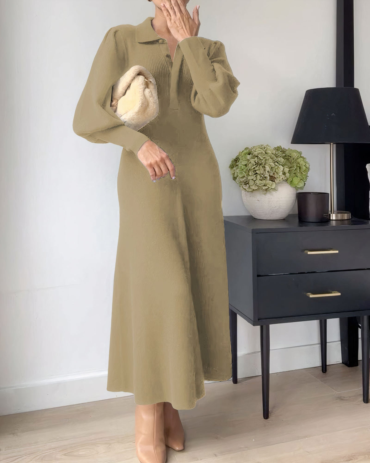 Knit Polo Collar Puff Sleeve A-Line Midi Sweater Dress - View 2
