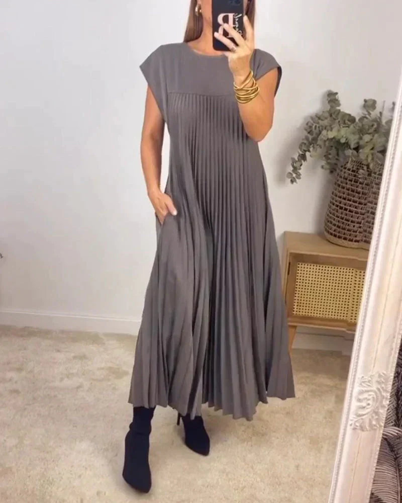 Accordion Pleat Crew Neck Cap Sleeve A-Line Maxi Dress - View 5