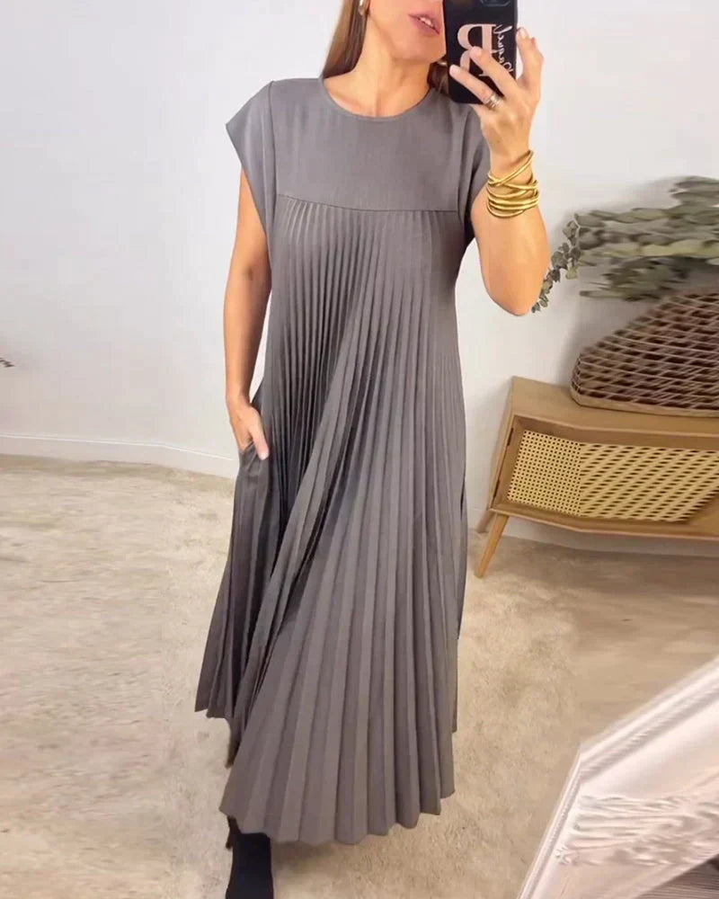 Accordion Pleat Crew Neck Cap Sleeve A-Line Maxi Dress - View 6