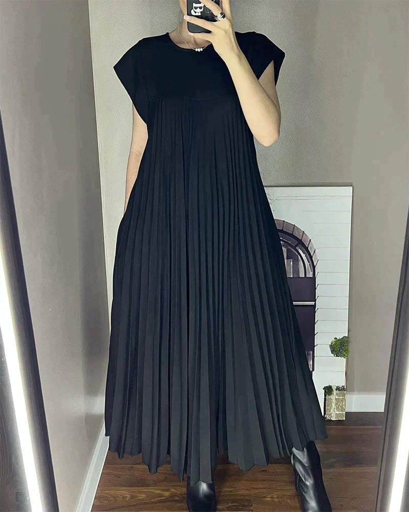 Sleeveless Crew Neck Accordion Pleat Plisse Flowy Maxi Dress - View 11