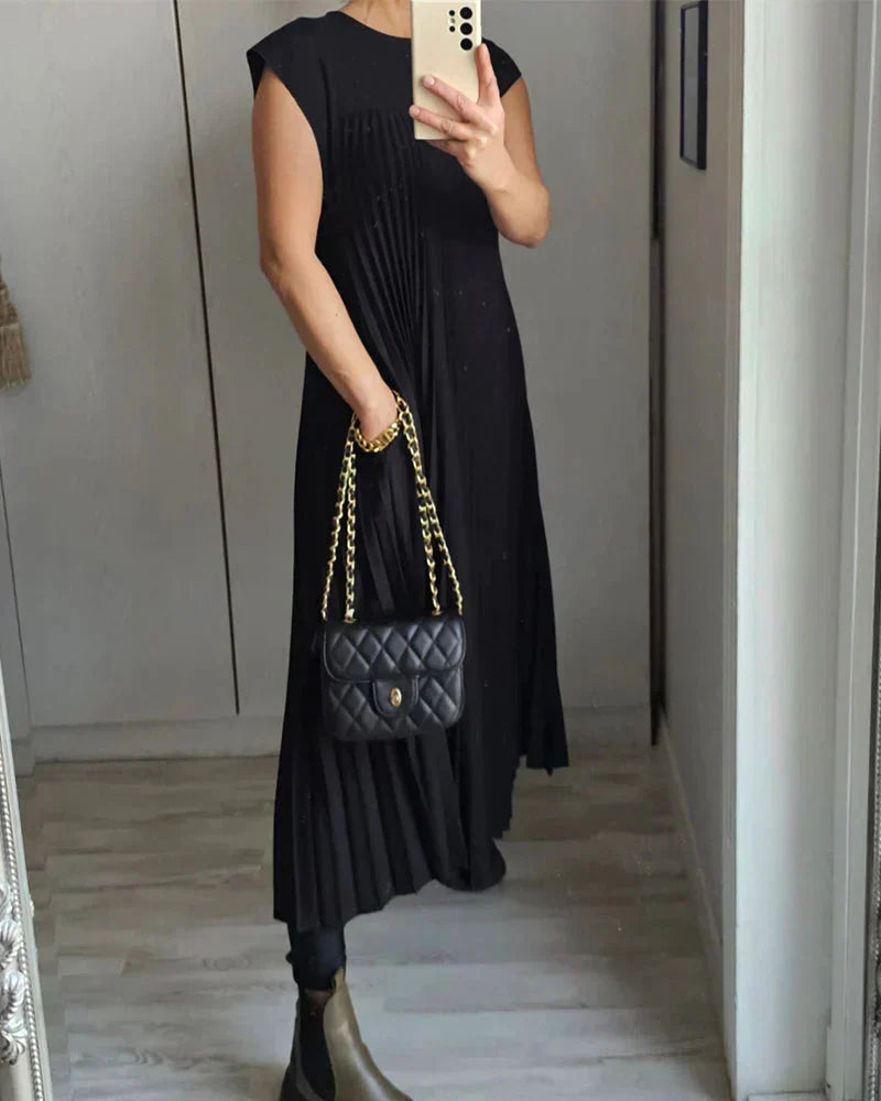 Accordion Pleat Crew Neck Cap Sleeve A-Line Maxi Dress - View 2