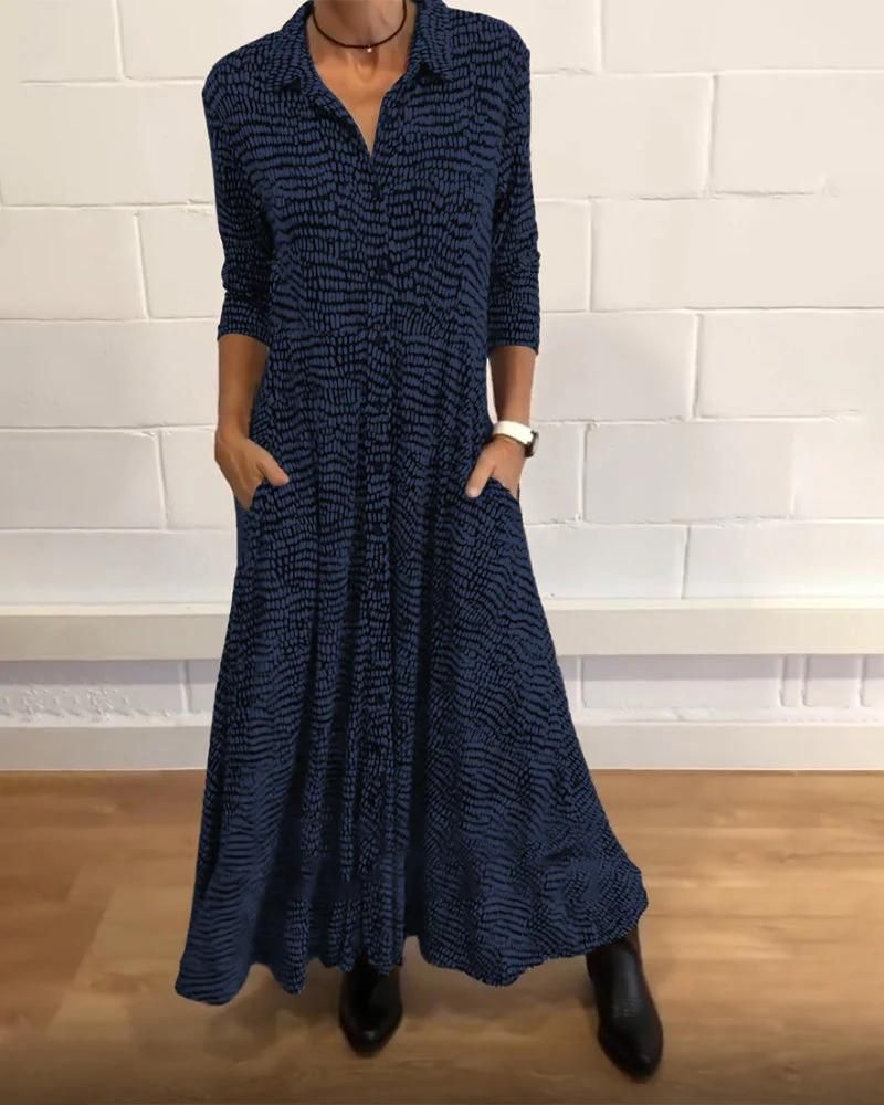 Long Sleeve Collared Button Down Pocket A-Line Maxi Shirt Dress - View 5
