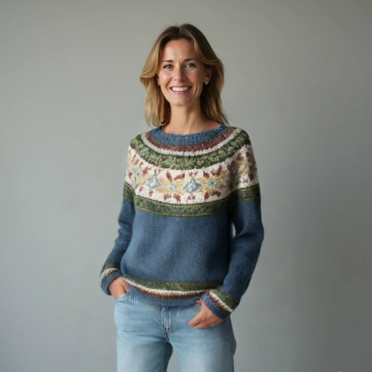 Boat Neck Long Sleeve Fair Isle Knit Sweater 8