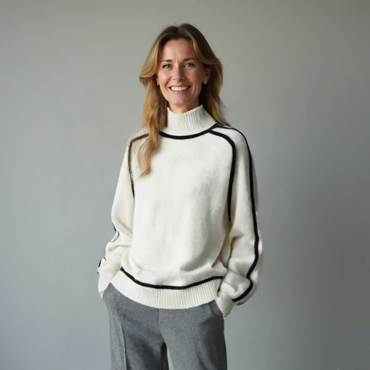Turtleneck Long Sleeve Contrast Trim Sweater