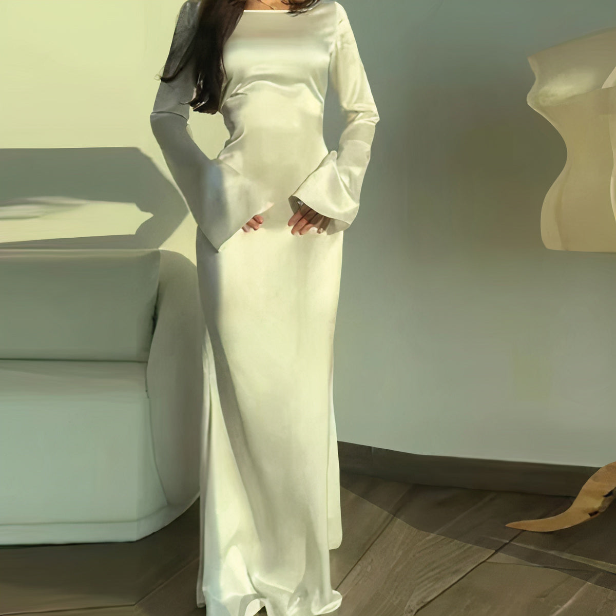 Satin Boat Neck Bell Cuff Long Sleeve Column Maxi Gown