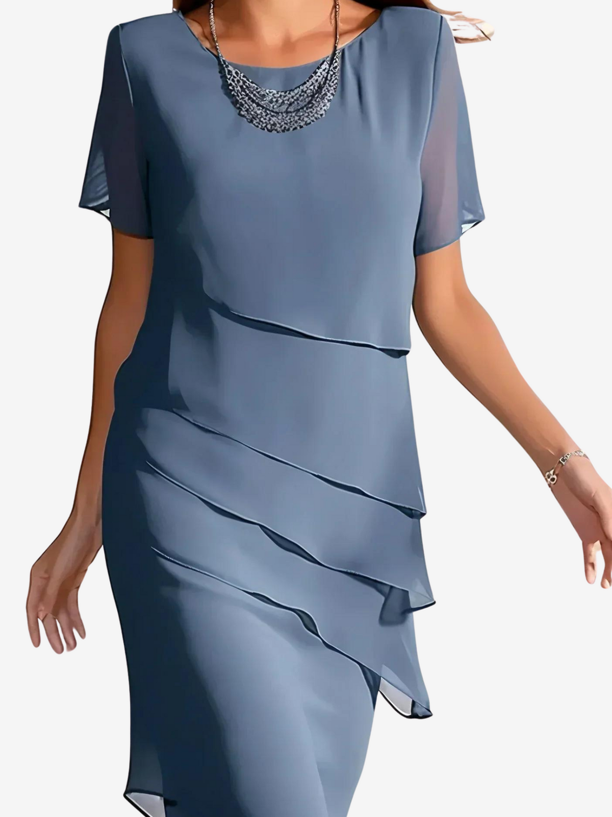 Sheer Flutter Sleeve Diagonal Tier Ruffle Sheath Knee Length Dress - View 5
