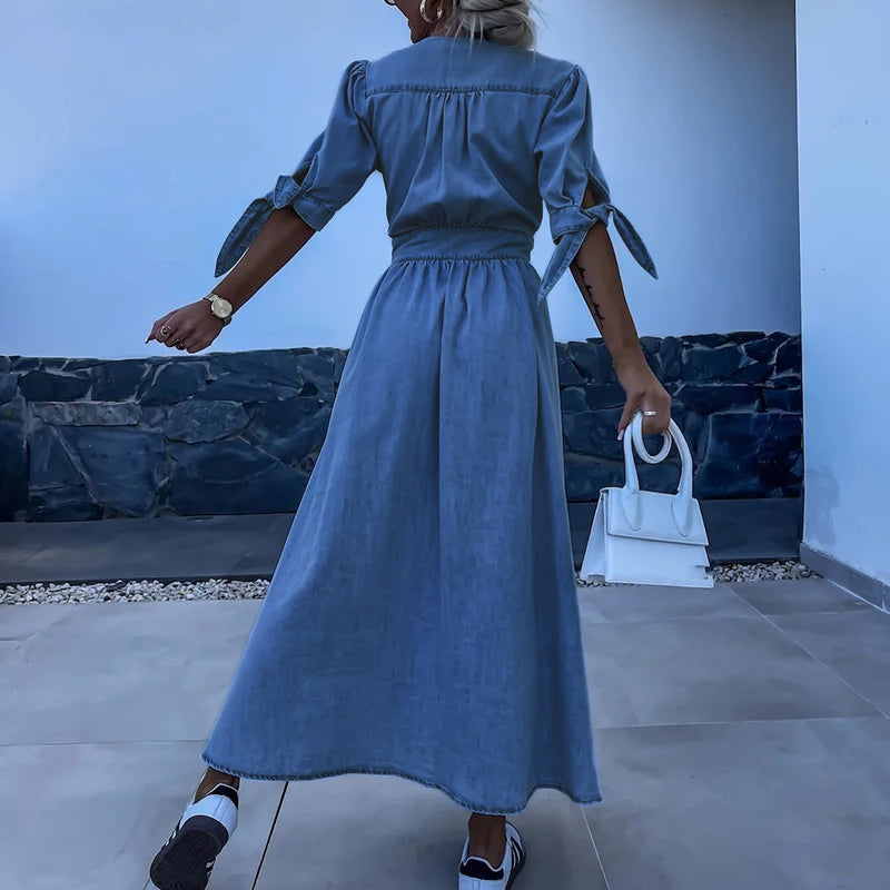 Chambray Button Front Deep V-Neck Tie Cuff Short Sleeve Maxi Dress - View 2