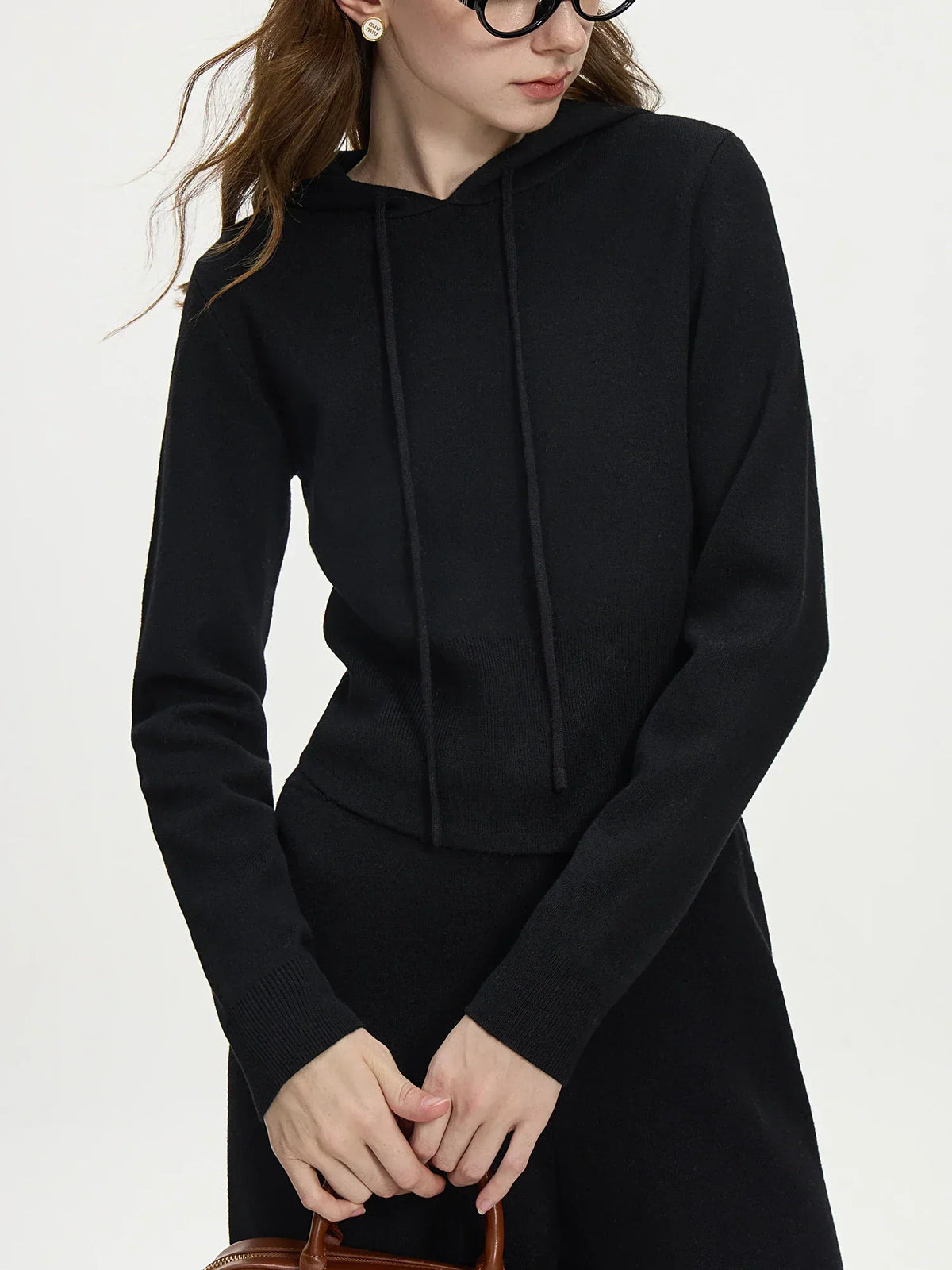 4.1% Wool Short Hooded Chic Knitwear Sweater Black Top / XS