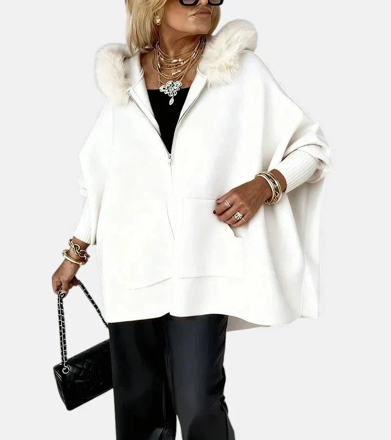 Faux Fur Hooded Zip Front Pocket Cape Coat 7