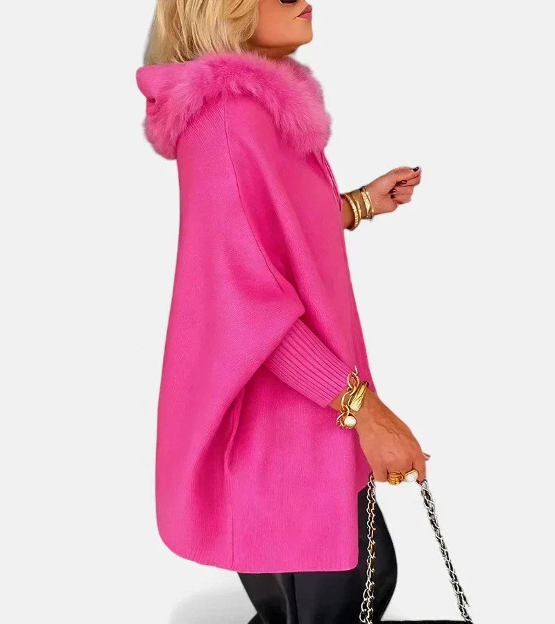 Faux Fur Hooded Zip Front Pocket Cape Coat 9