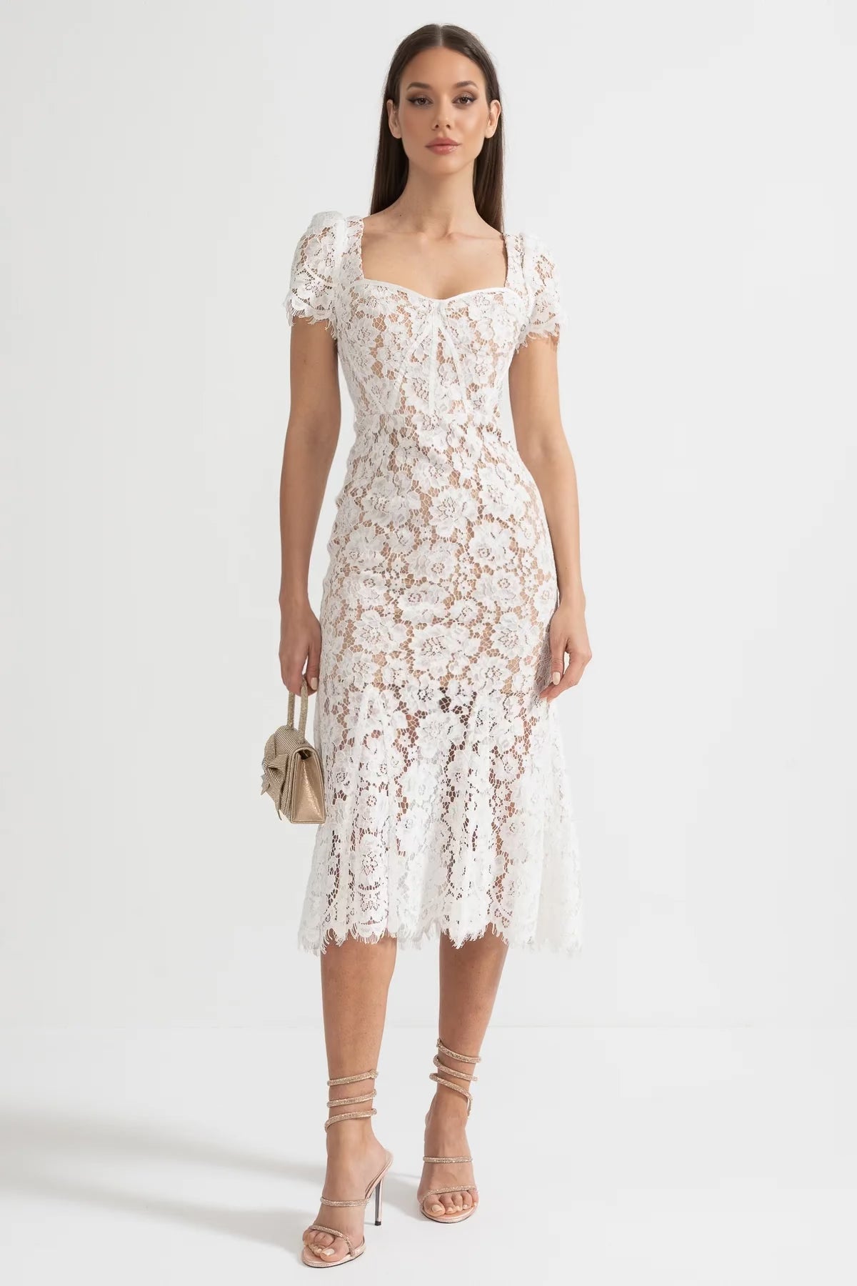 Lace Bustier Sweetheart Neck Puff Sleeve Belted Bow Midi Dress - View 2