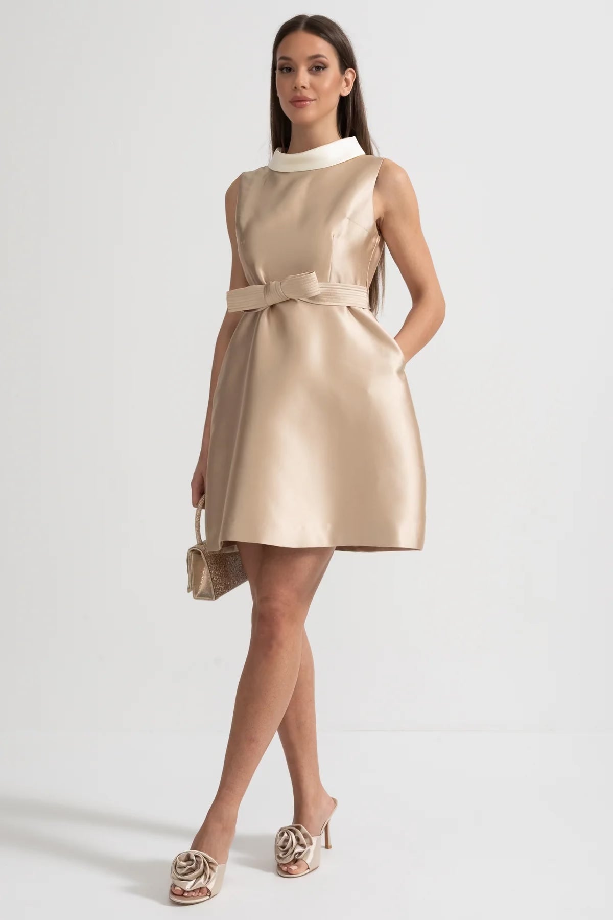 Satin Contrast Collar Sleeveless Bow Belt Pocket A-Line Mini Dress