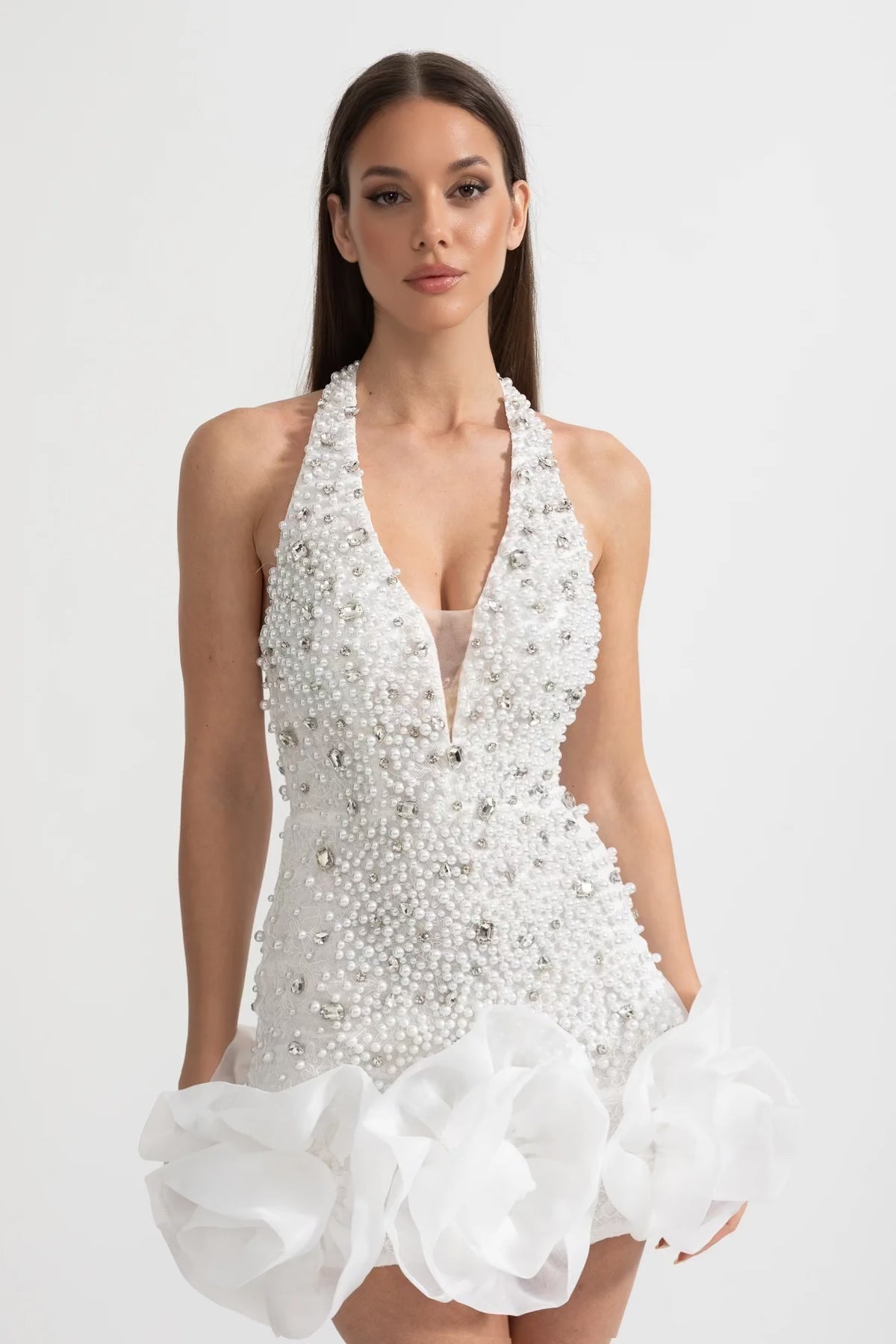 Pearl Rhinestone Halter Neck Deep V-Neck 3D Ruffle Mini Dress