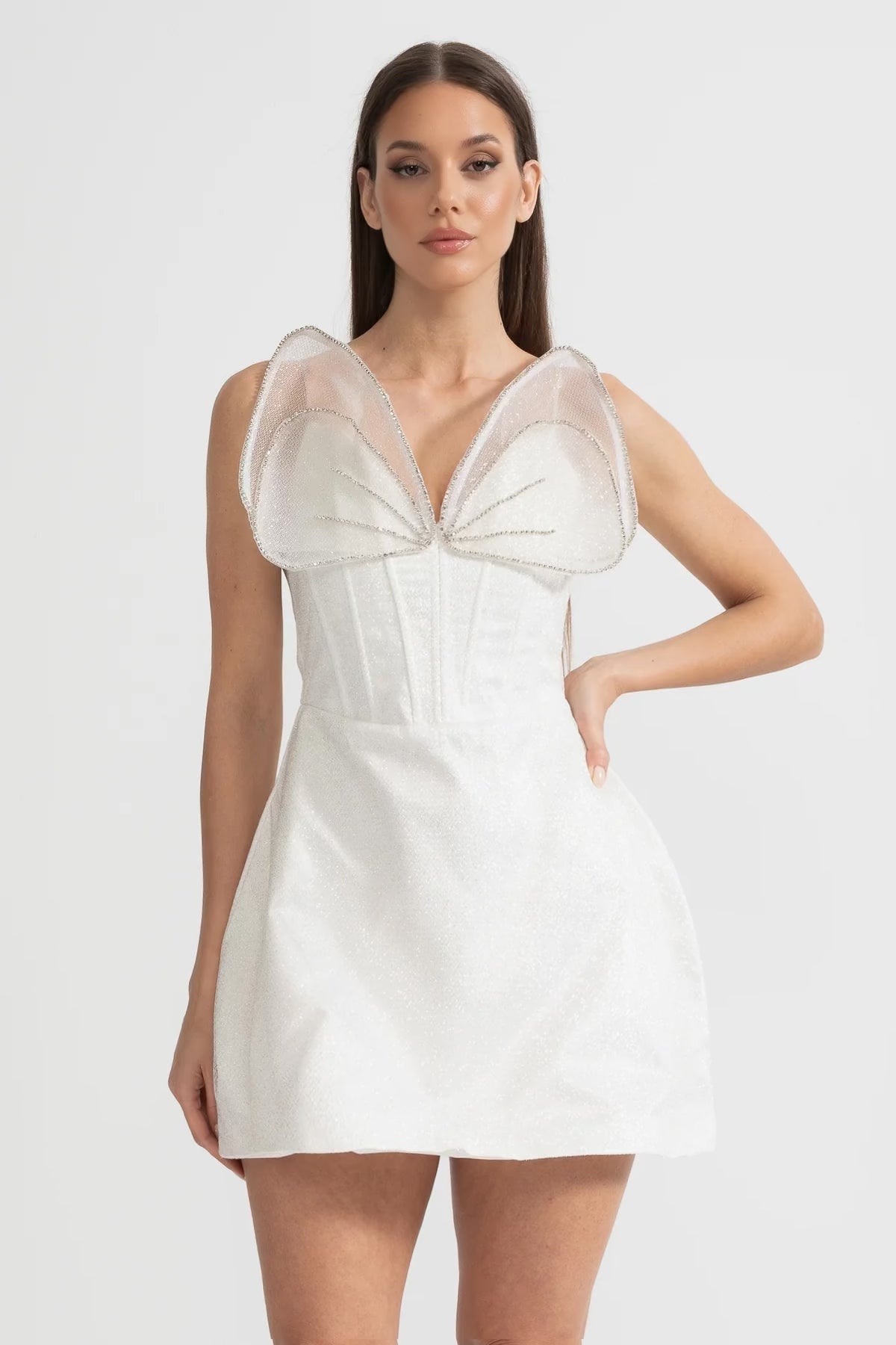 Glitter Deep V-Neck Corset Bodice Rhinestone Mesh Mini Dress