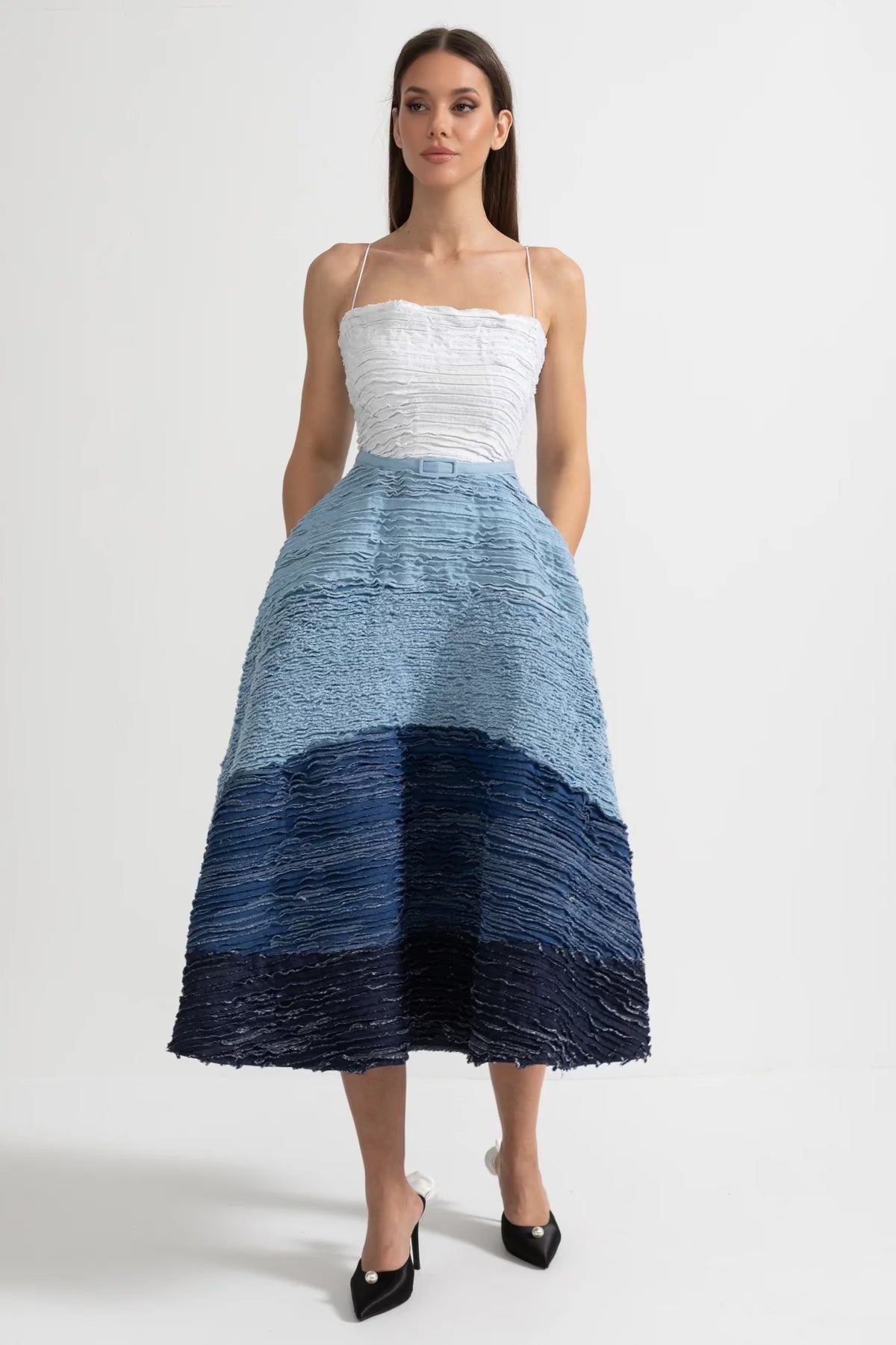 Spaghetti Strap Tiered Frayed Ruffle Belted Midi Dress