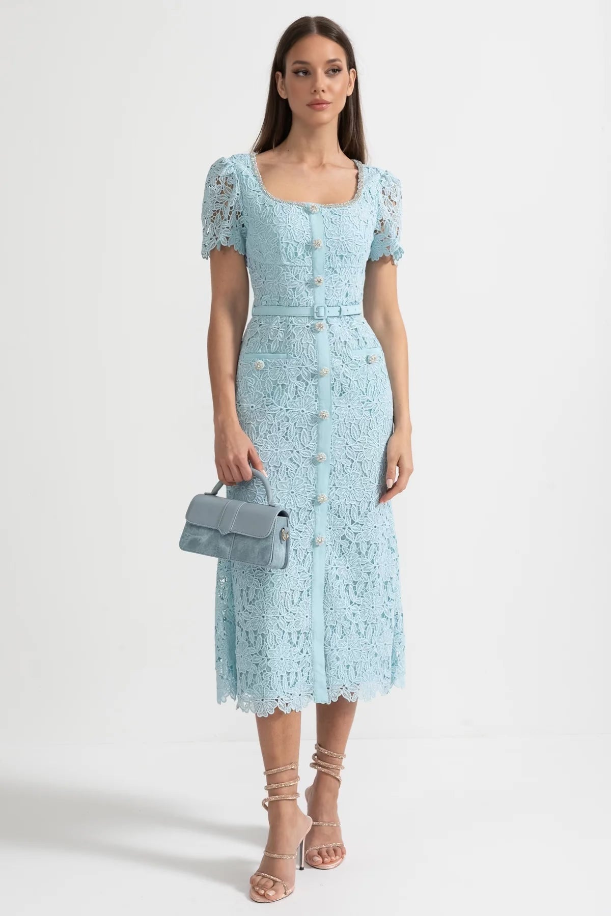 Delicate Azure Lace Midi Dress - Baby Blue - View 2